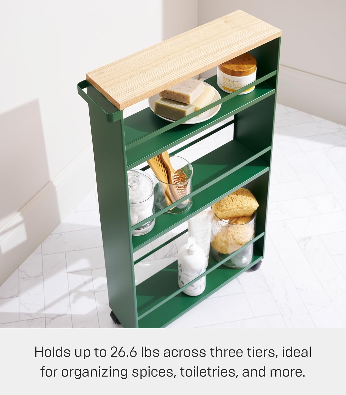 image:imageYAMAZAKI home Tower Rolling Slim Storage Cart With Handle WhiteForest Green