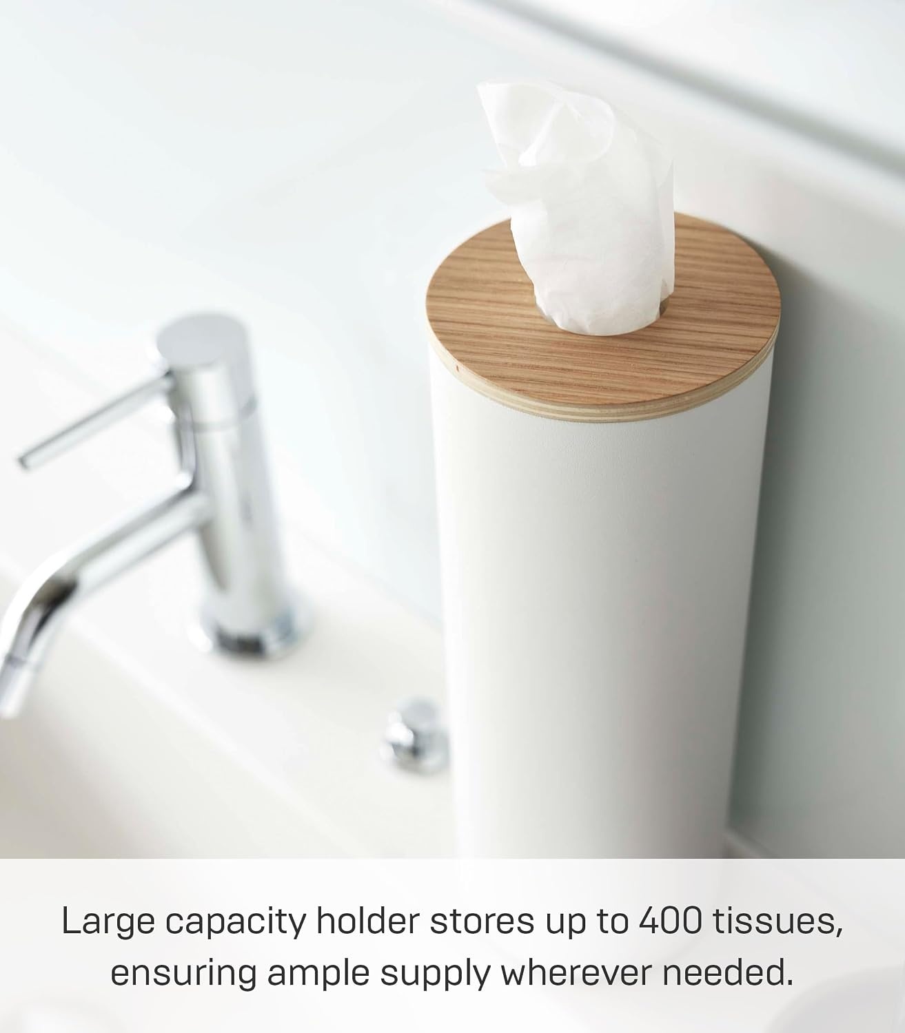 image:imageYamazaki Home Rin Reusable Round Tissue Holder Case Metal Tissue Container with Wooden Lid Large Steel WoodAsh