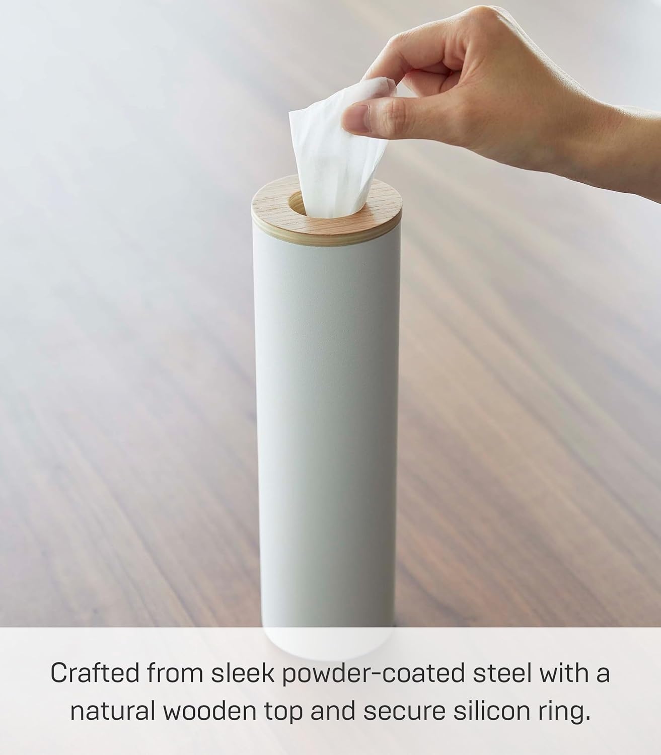 image:imageYamazaki Home Rin Reusable Round Tissue Holder Case Metal Tissue Container with Wooden Lid Large Steel WoodAsh