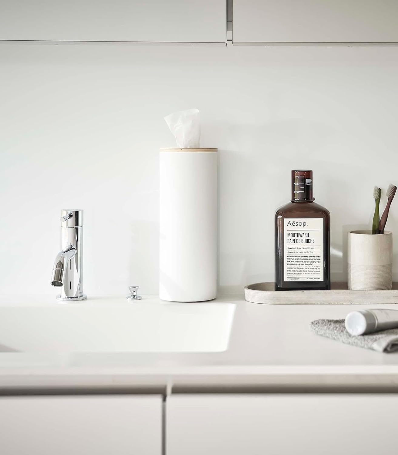 image:imageYamazaki Home Rin Reusable Round Tissue Holder Case Metal Tissue Container with Wooden Lid Large Steel WoodAsh