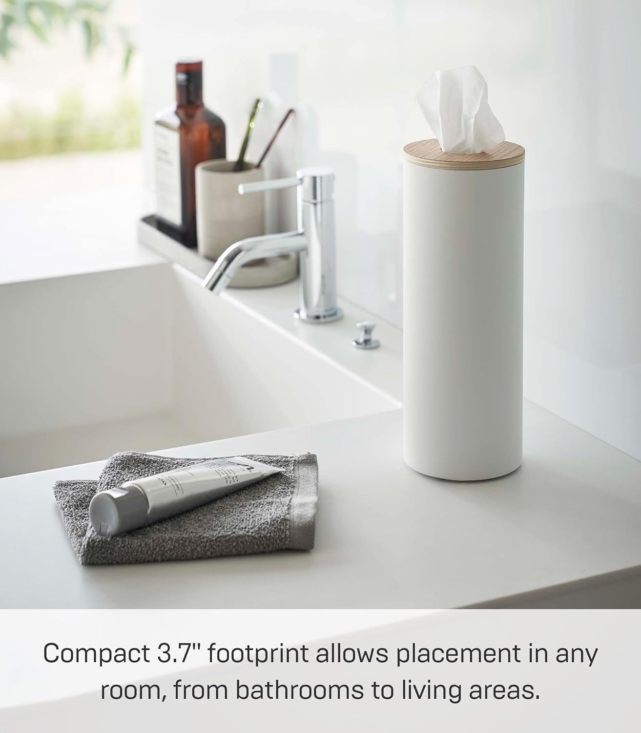 image:imageYamazaki Home Rin Reusable Round Tissue Holder Case Metal Tissue Container with Wooden Lid Large Steel WoodAsh
