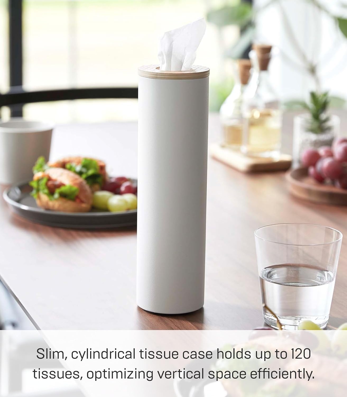 image:imageYamazaki Home Rin Reusable Round Tissue Holder Case Metal Tissue Container with Wooden Lid Large Steel WoodAsh