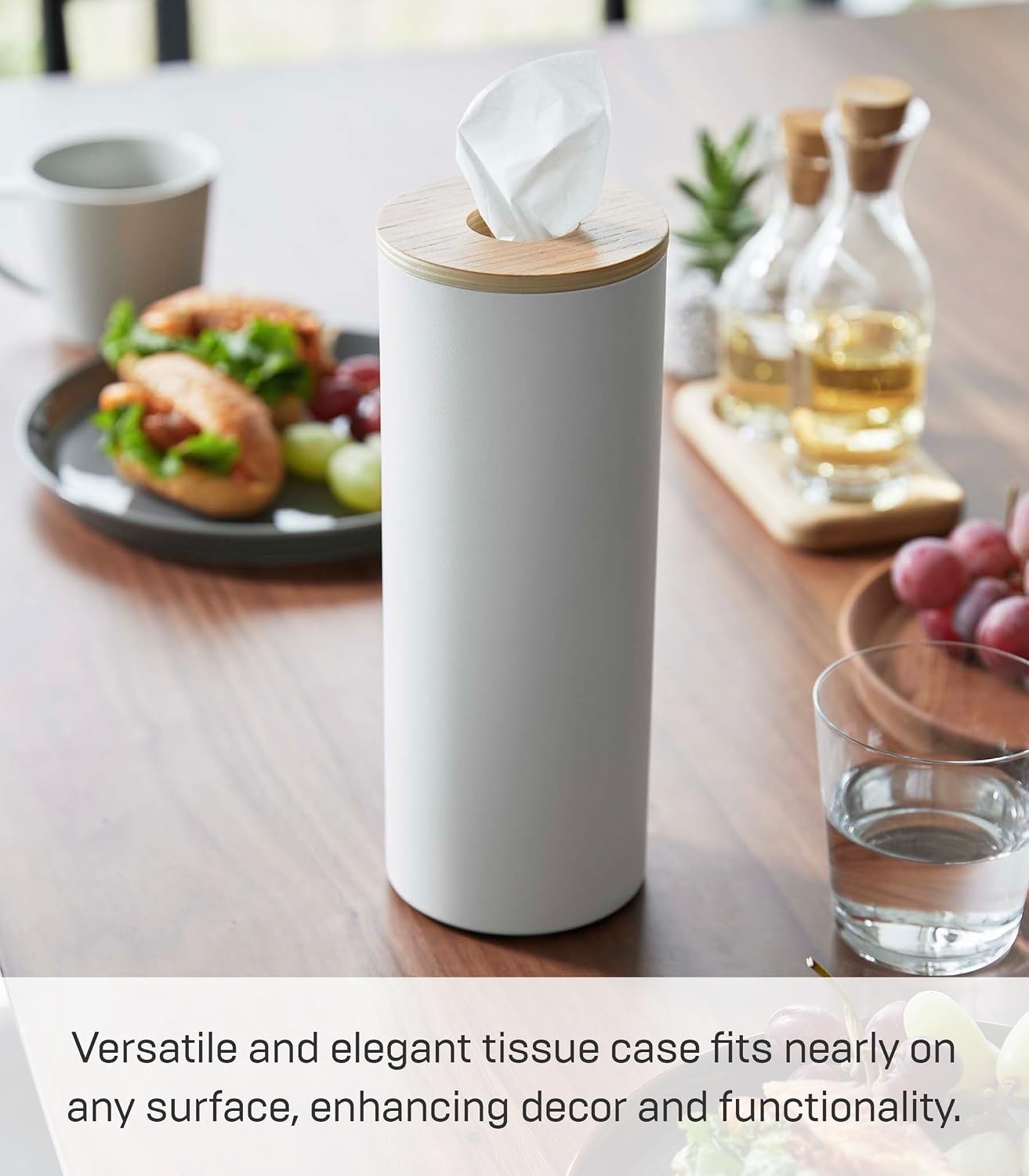 image:imageYamazaki Home Rin Reusable Round Tissue Holder Case Metal Tissue Container with Wooden Lid Large Steel WoodAsh