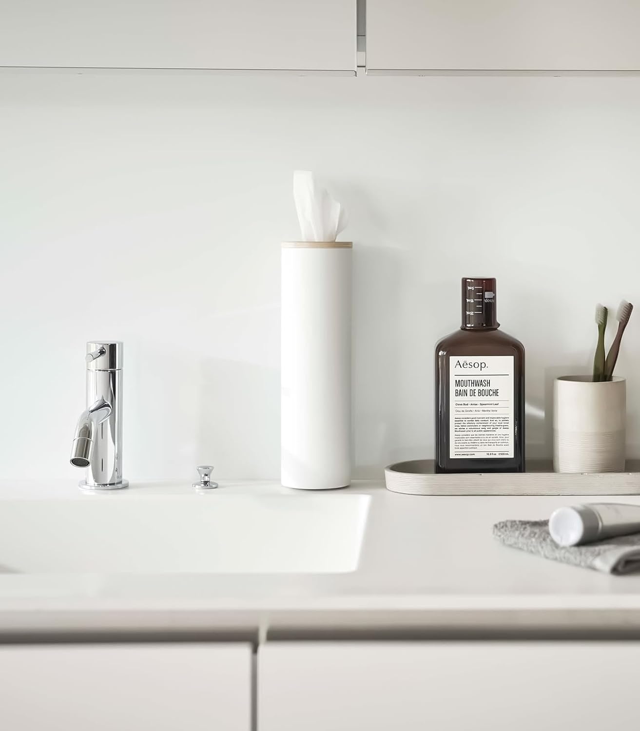 image:imageYamazaki Home Rin Reusable Round Tissue Holder Case Metal Tissue Container with Wooden Lid Large Steel WoodAsh