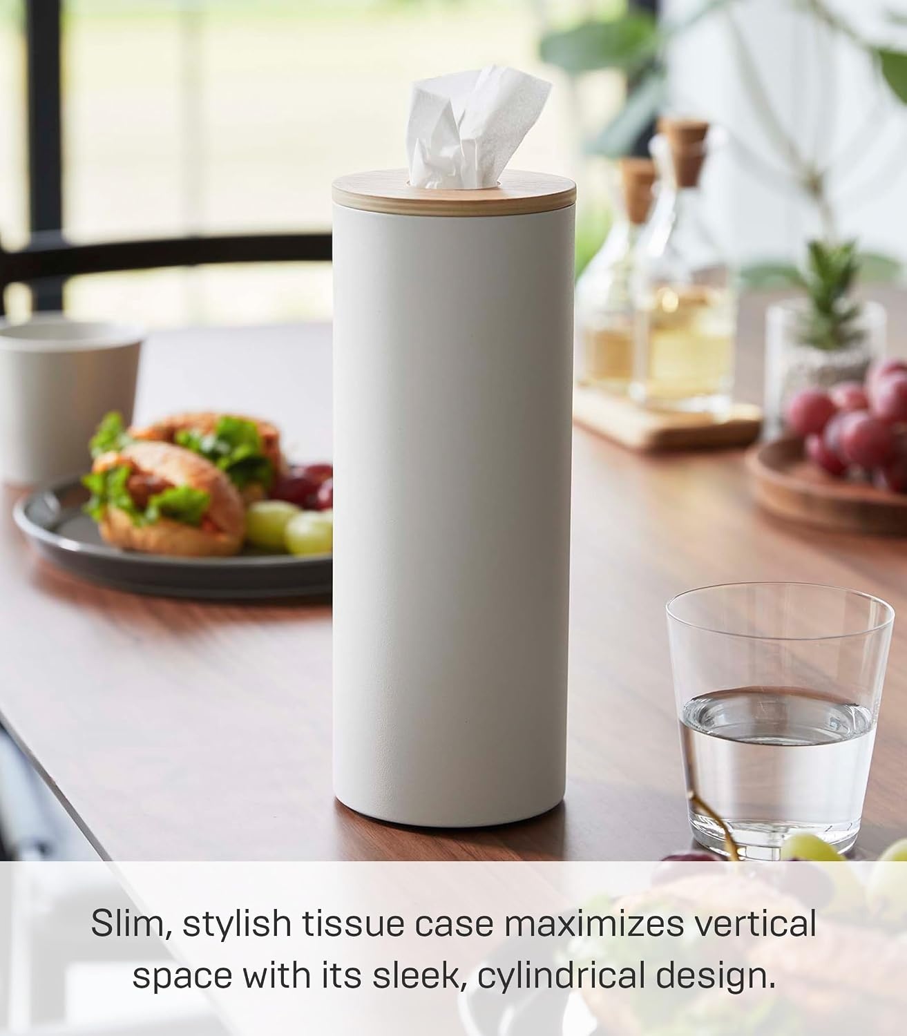 image:imageYamazaki Home Rin Reusable Round Tissue Holder Case Metal Tissue Container with Wooden Lid Large Steel WoodAsh
