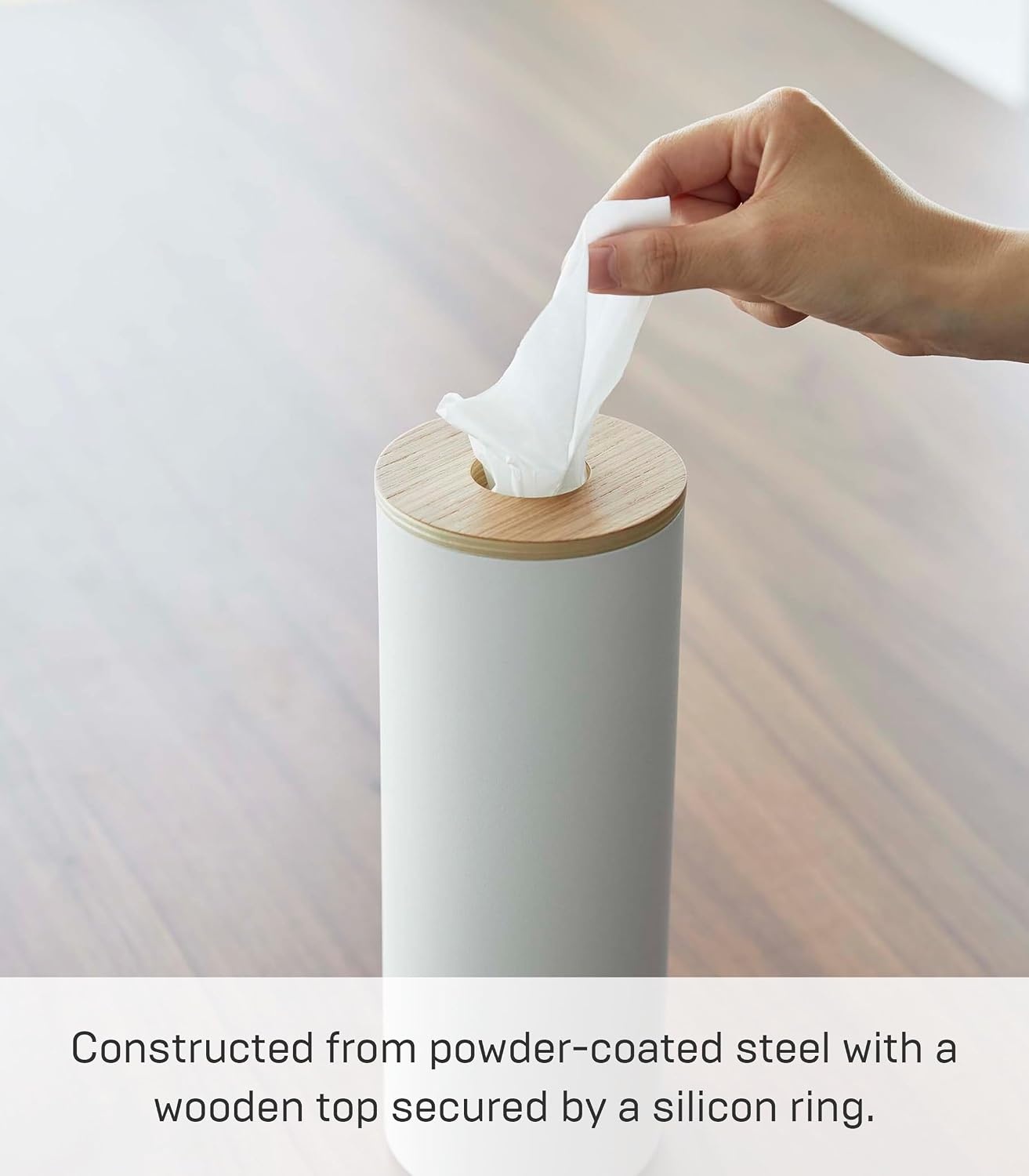 image:imageYamazaki Home Rin Reusable Round Tissue Holder Case Metal Tissue Container with Wooden Lid Large Steel WoodAsh