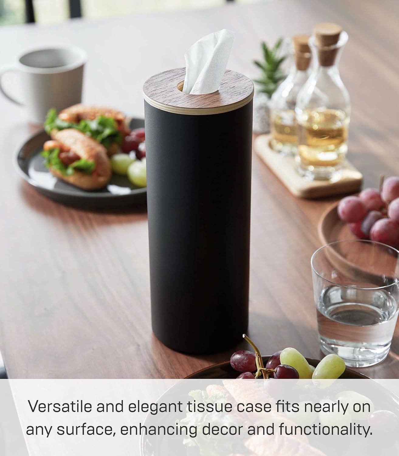 image:imageYamazaki Home Rin Reusable Round Tissue Holder Case Metal Tissue Container with Wooden Lid Large Steel WoodWalnut