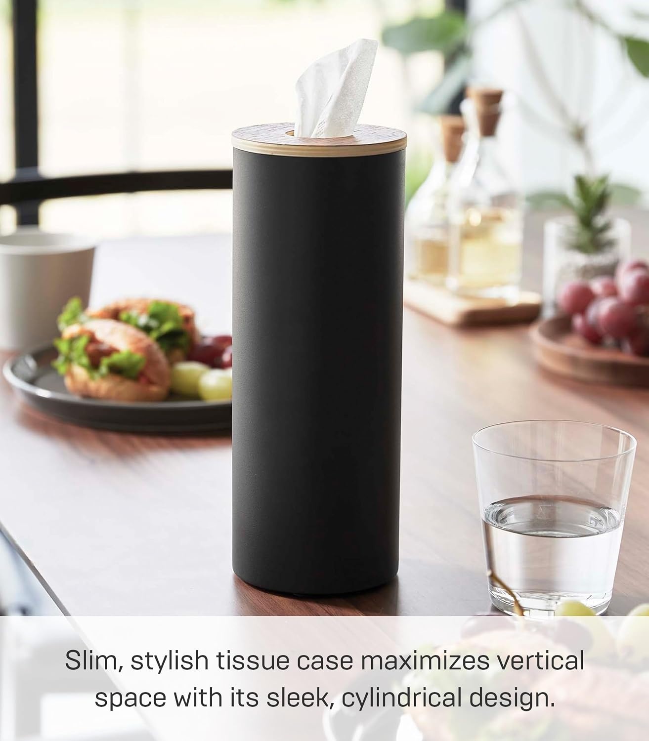 image:imageYamazaki Home Rin Reusable Round Tissue Holder Case Metal Tissue Container with Wooden Lid Large Steel WoodWalnut