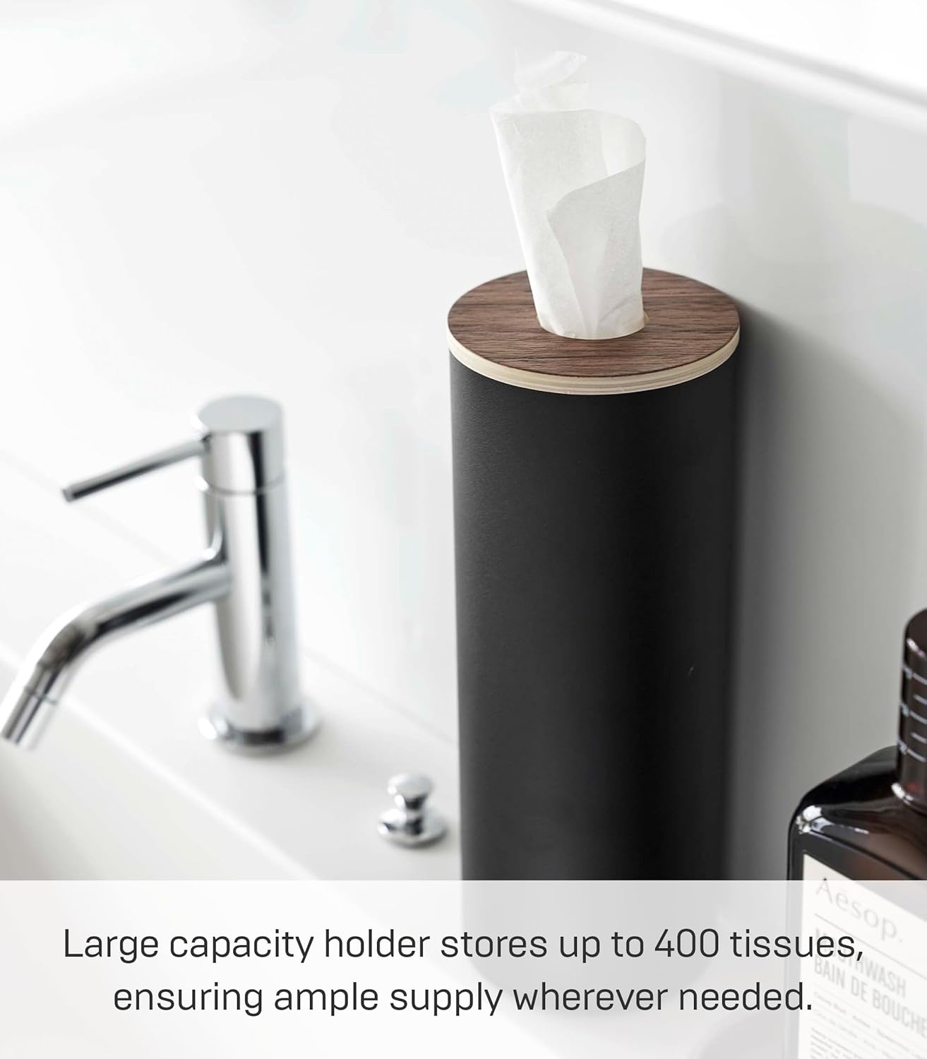 image:imageYamazaki Home Rin Reusable Round Tissue Holder Case Metal Tissue Container with Wooden Lid Large Steel WoodWalnut