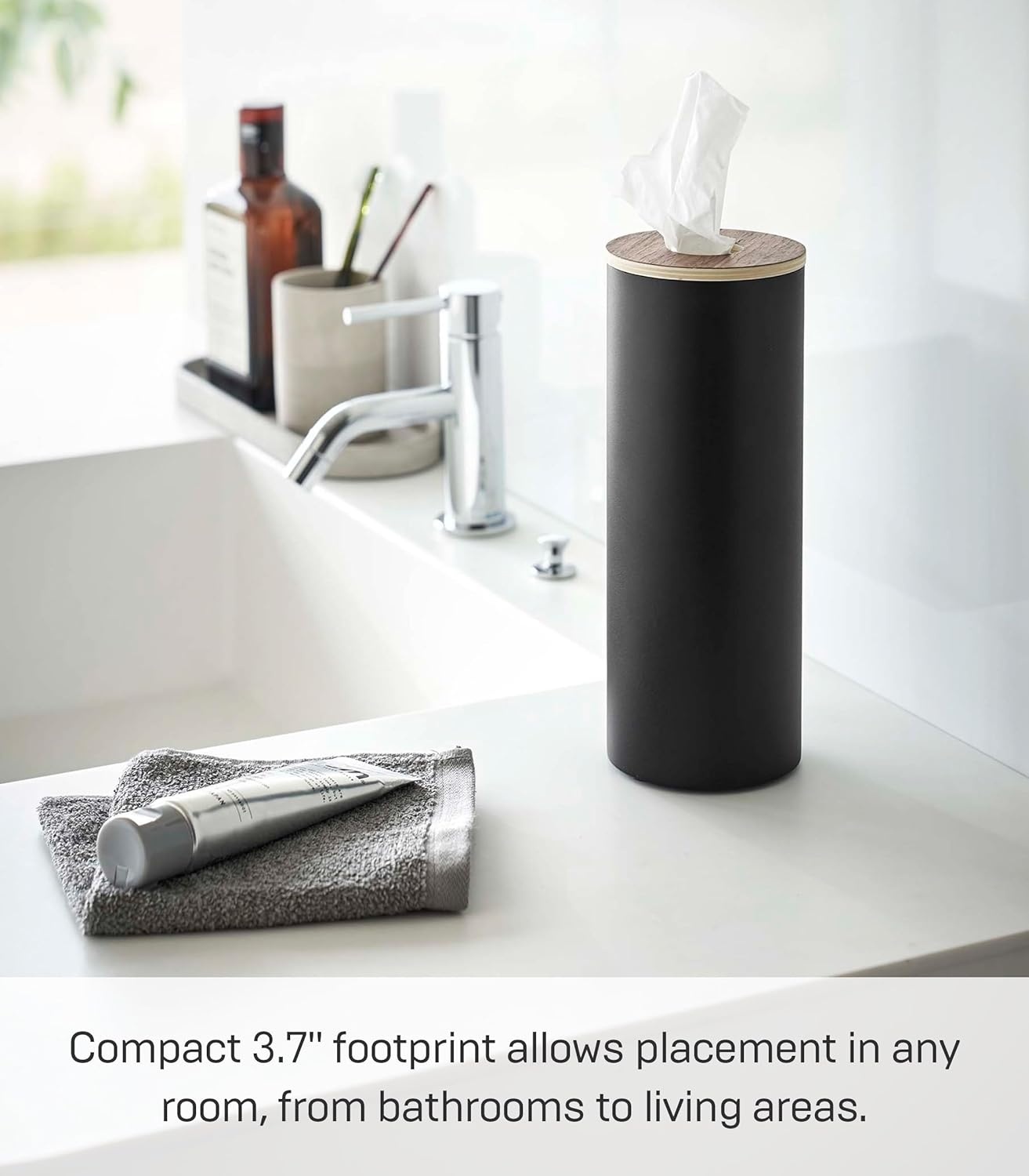 image:imageYamazaki Home Rin Reusable Round Tissue Holder Case Metal Tissue Container with Wooden Lid Large Steel WoodWalnut