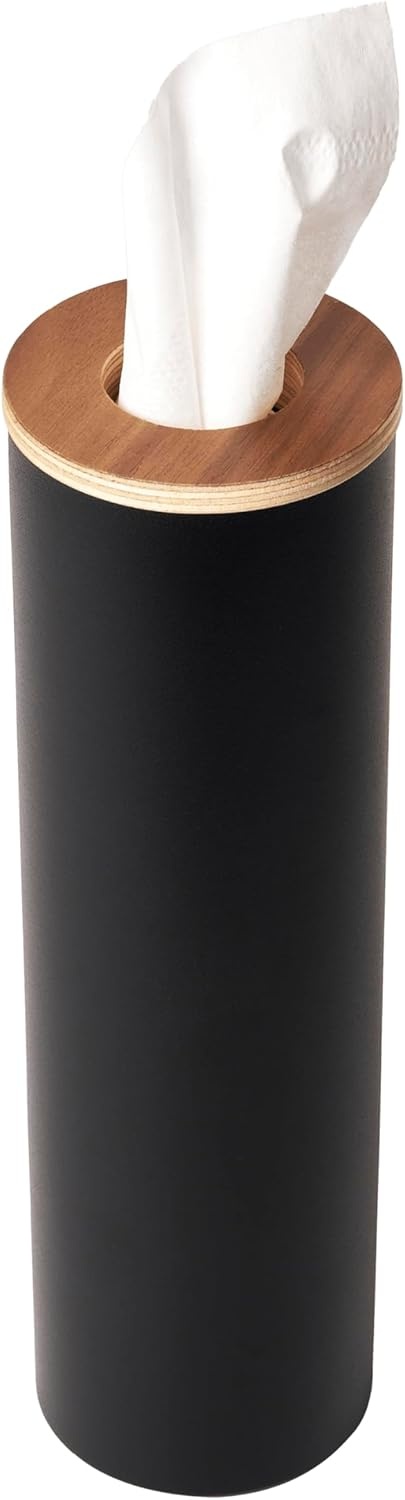 image:imageYamazaki Home Rin Reusable Round Tissue Holder Case Metal Tissue Container with Wooden Lid Large Steel WoodWalnut