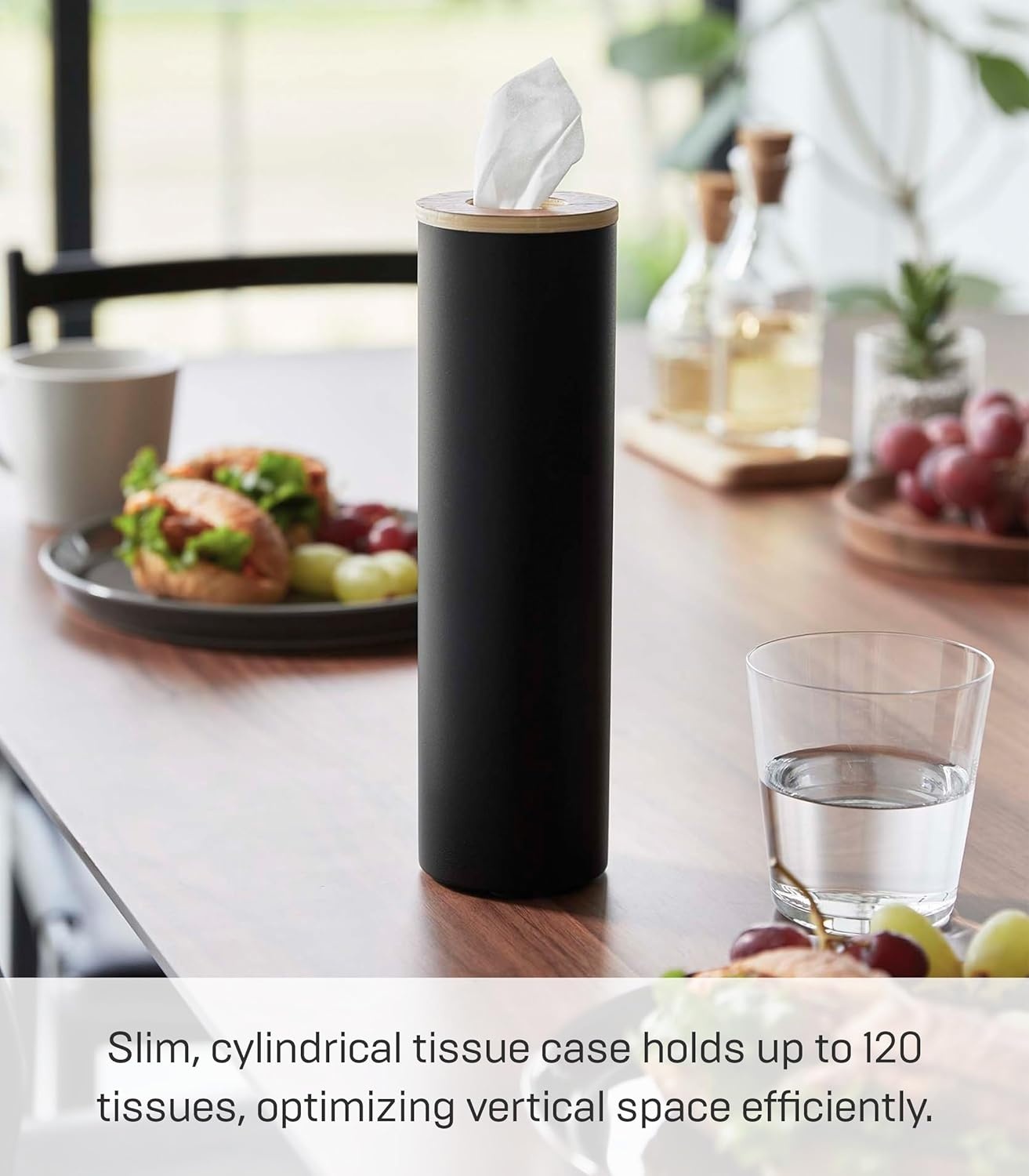 image:imageYamazaki Home Rin Reusable Round Tissue Holder Case Metal Tissue Container with Wooden Lid Large Steel WoodWalnut