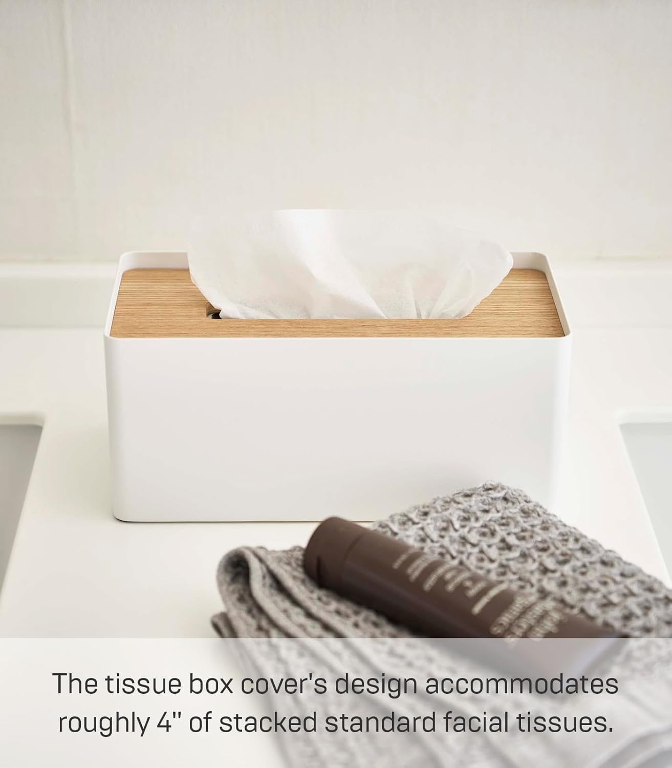 image:imageYamazaki Home Rin Reusable Tissue Box Cover Metal Holder Container Case with Natural Wooden Lid SteelAsh