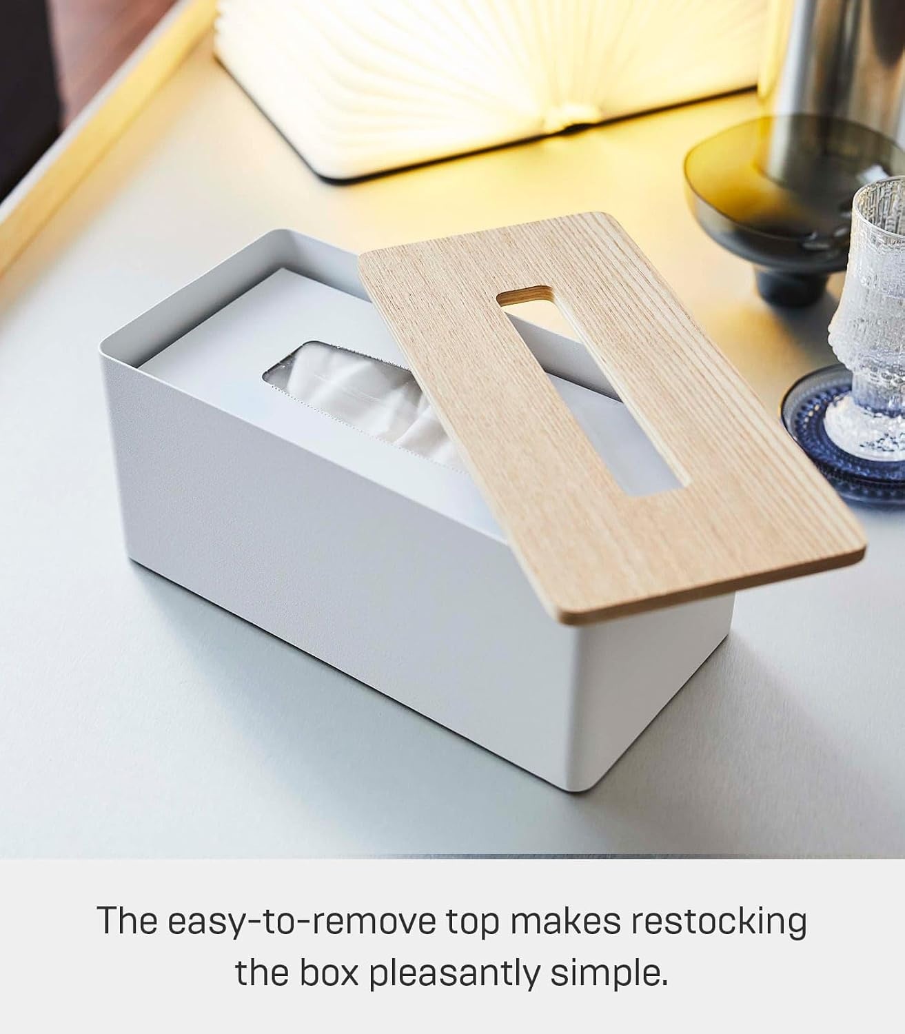 image:imageYamazaki Home Rin Reusable Tissue Box Cover Metal Holder Container Case with Natural Wooden Lid SteelAsh