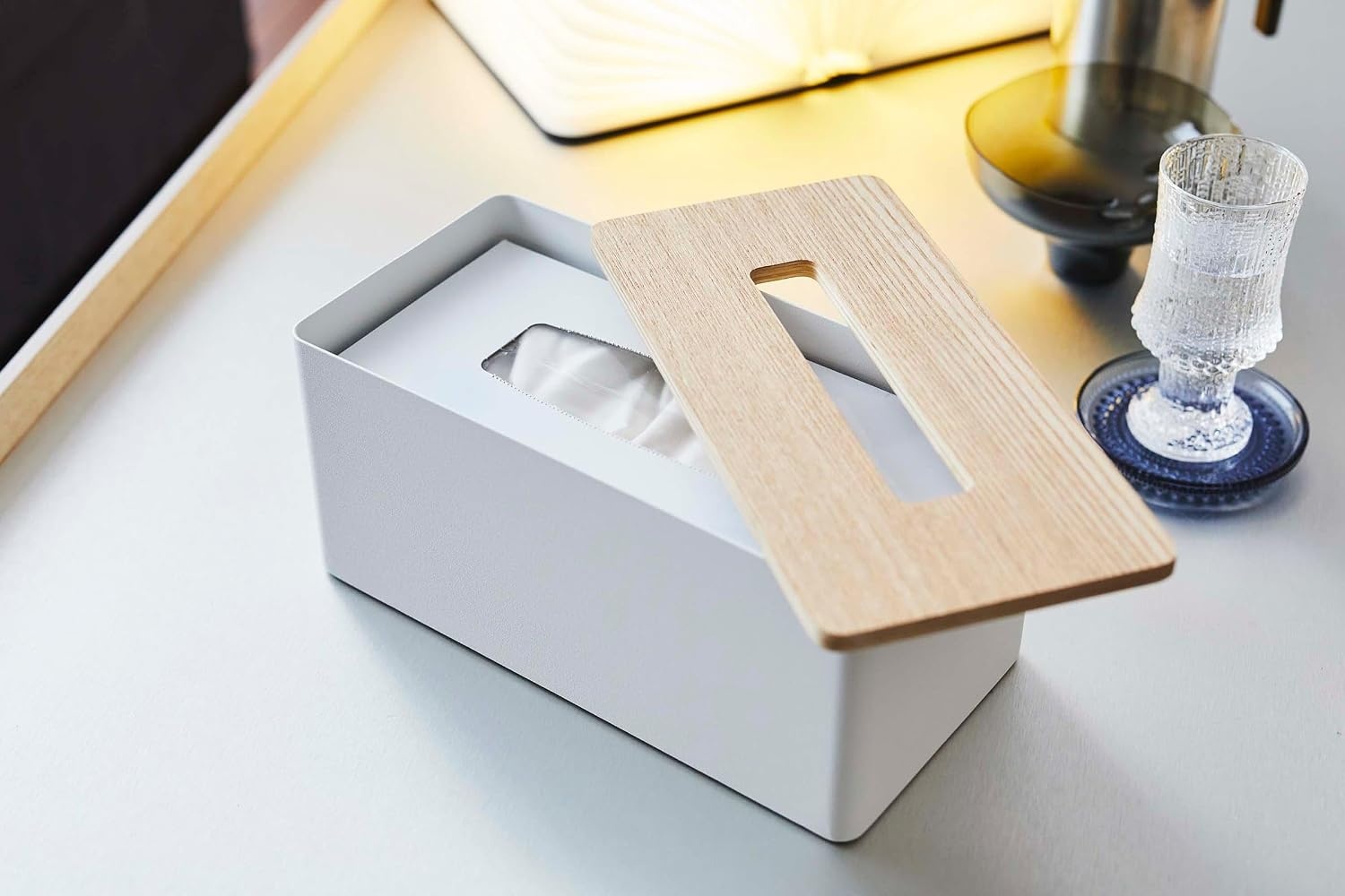 image:imageYamazaki Home Rin Reusable Tissue Box Cover Metal Holder Container Case with Natural Wooden Lid SteelAsh
