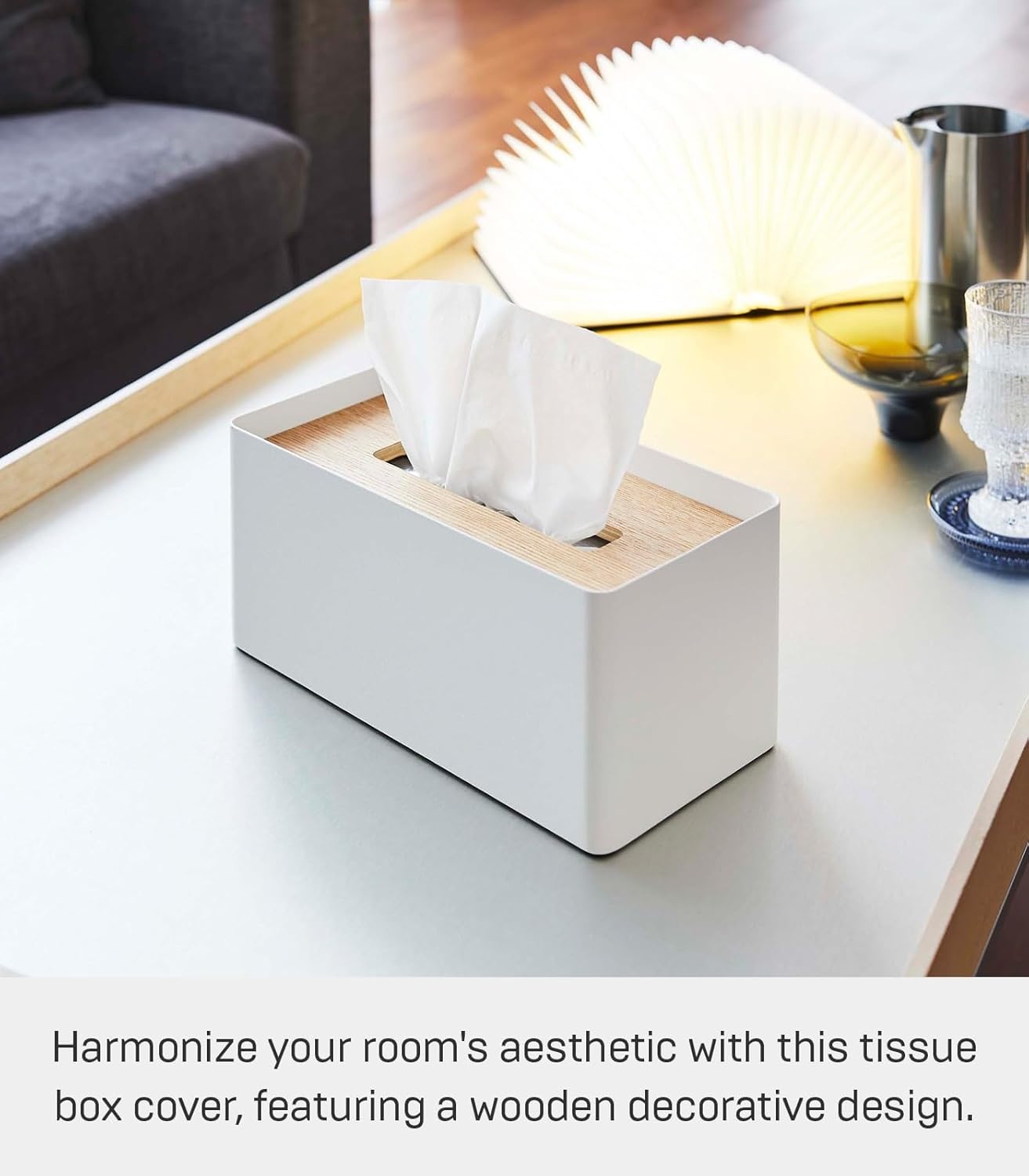 image:imageYamazaki Home Rin Reusable Tissue Box Cover Metal Holder Container Case with Natural Wooden Lid SteelAsh