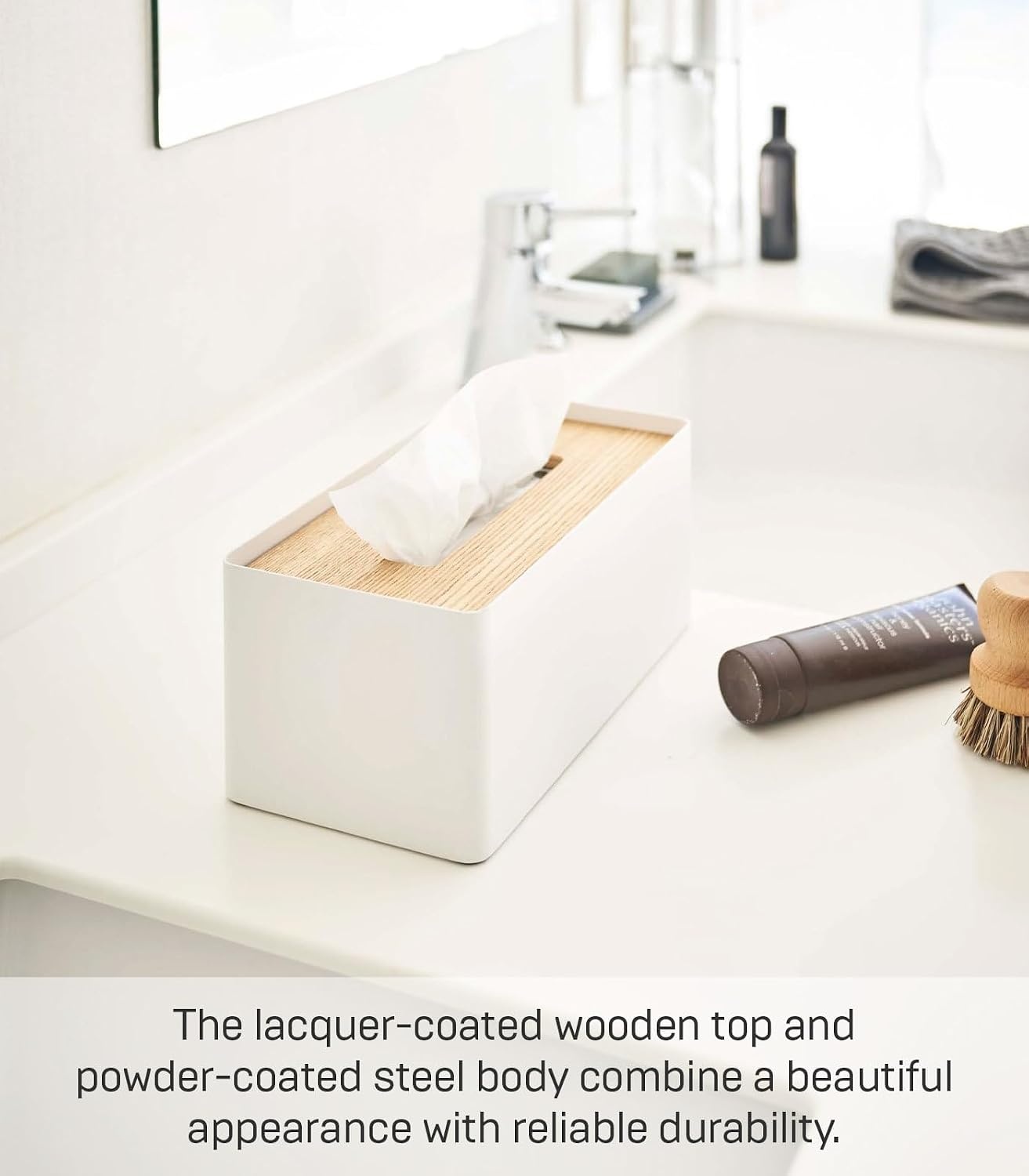 image:imageYamazaki Home Rin Reusable Tissue Box Cover Metal Holder Container Case with Natural Wooden Lid SteelAsh