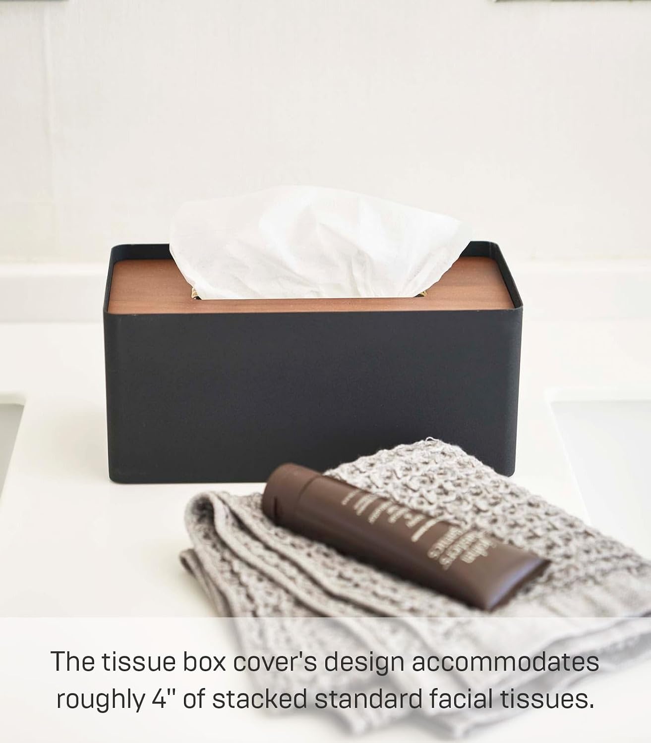 image:imageYamazaki Home Rin Reusable Tissue Box Cover Metal Holder Container Case with Natural Wooden Lid SteelWalnut