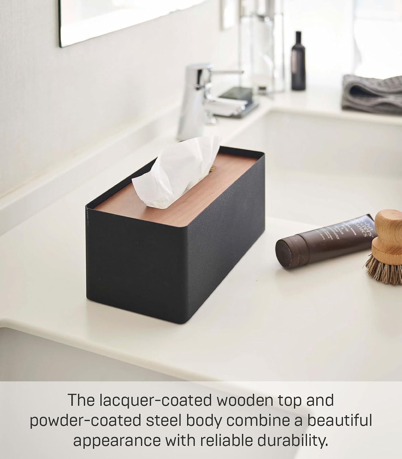 image:imageYamazaki Home Rin Reusable Tissue Box Cover Metal Holder Container Case with Natural Wooden Lid SteelWalnut