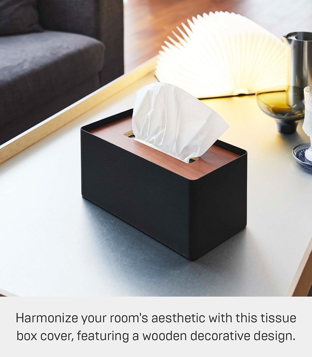 image:imageYamazaki Home Rin Reusable Tissue Box Cover Metal Holder Container Case with Natural Wooden Lid SteelWalnut