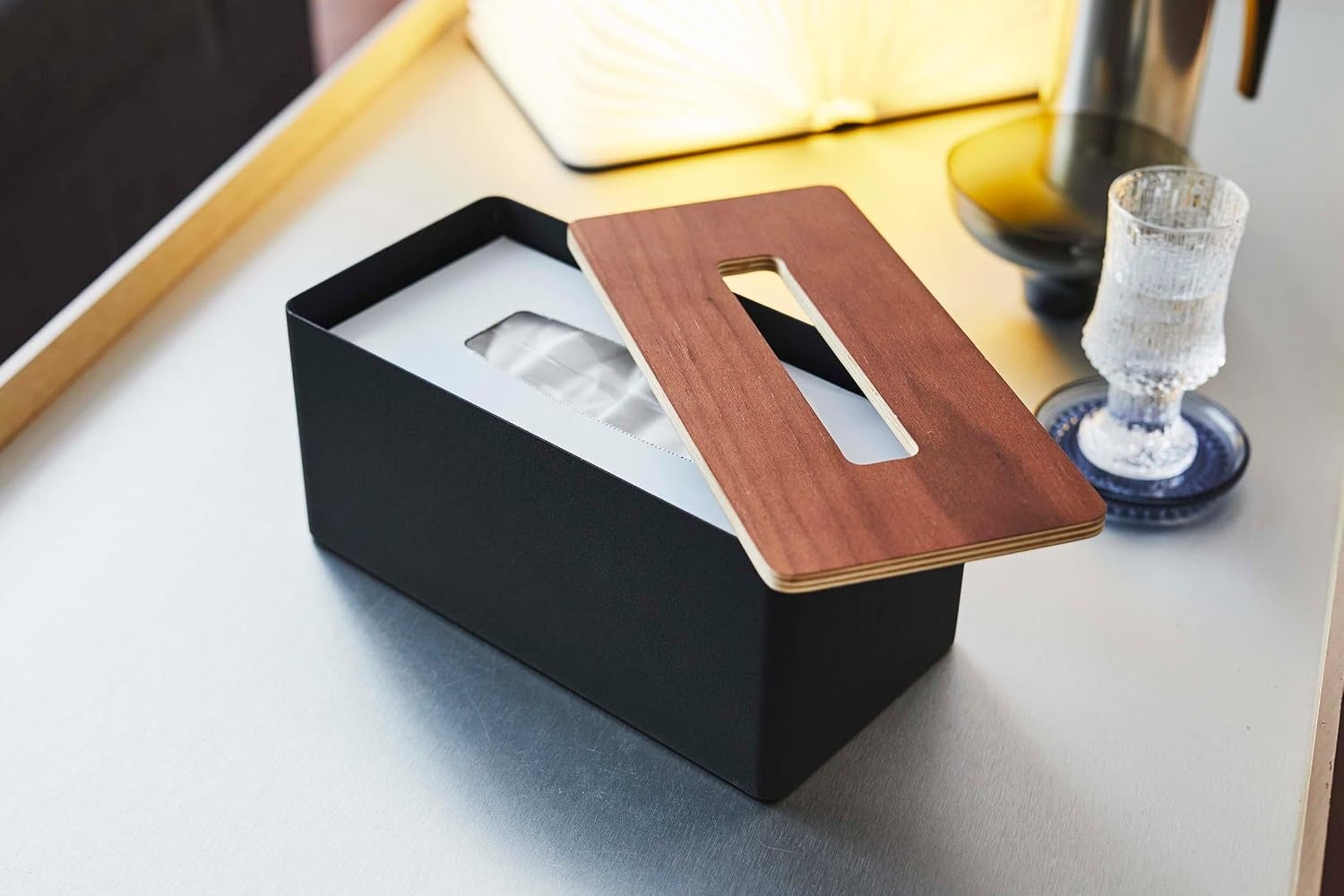 image:imageYamazaki Home Rin Reusable Tissue Box Cover Metal Holder Container Case with Natural Wooden Lid SteelWalnut