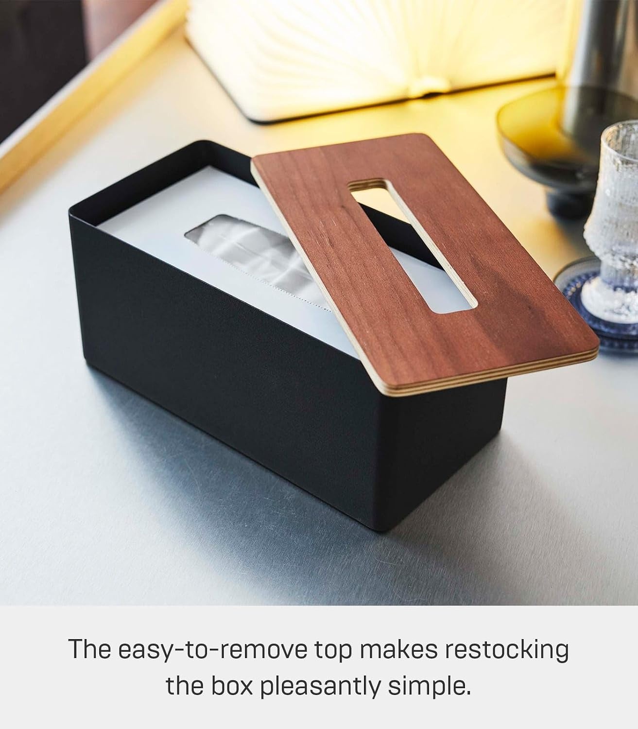 image:imageYamazaki Home Rin Reusable Tissue Box Cover Metal Holder Container Case with Natural Wooden Lid SteelWalnut