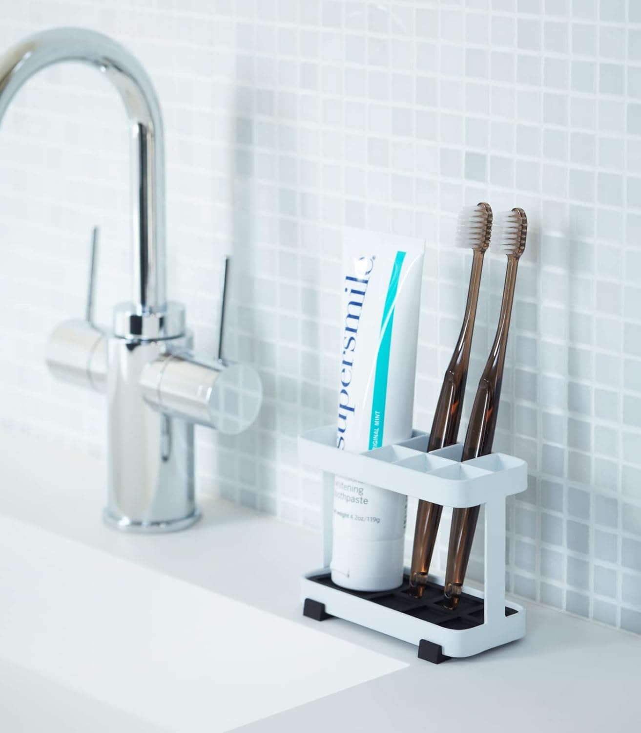 image:imageYamazaki Home Toothbrush and Toothpaste Holder for Bathroom Countertop Steel Water Resistant No Assembly ReqWhite