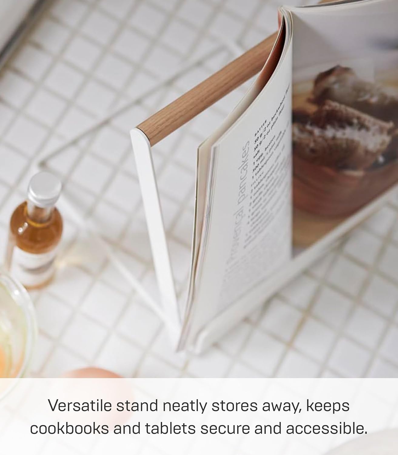 image:imageYamazaki Home Tosca Cookbook Stand Kitchen Cooking Recipe Holder for Counter Steel WoodWhite