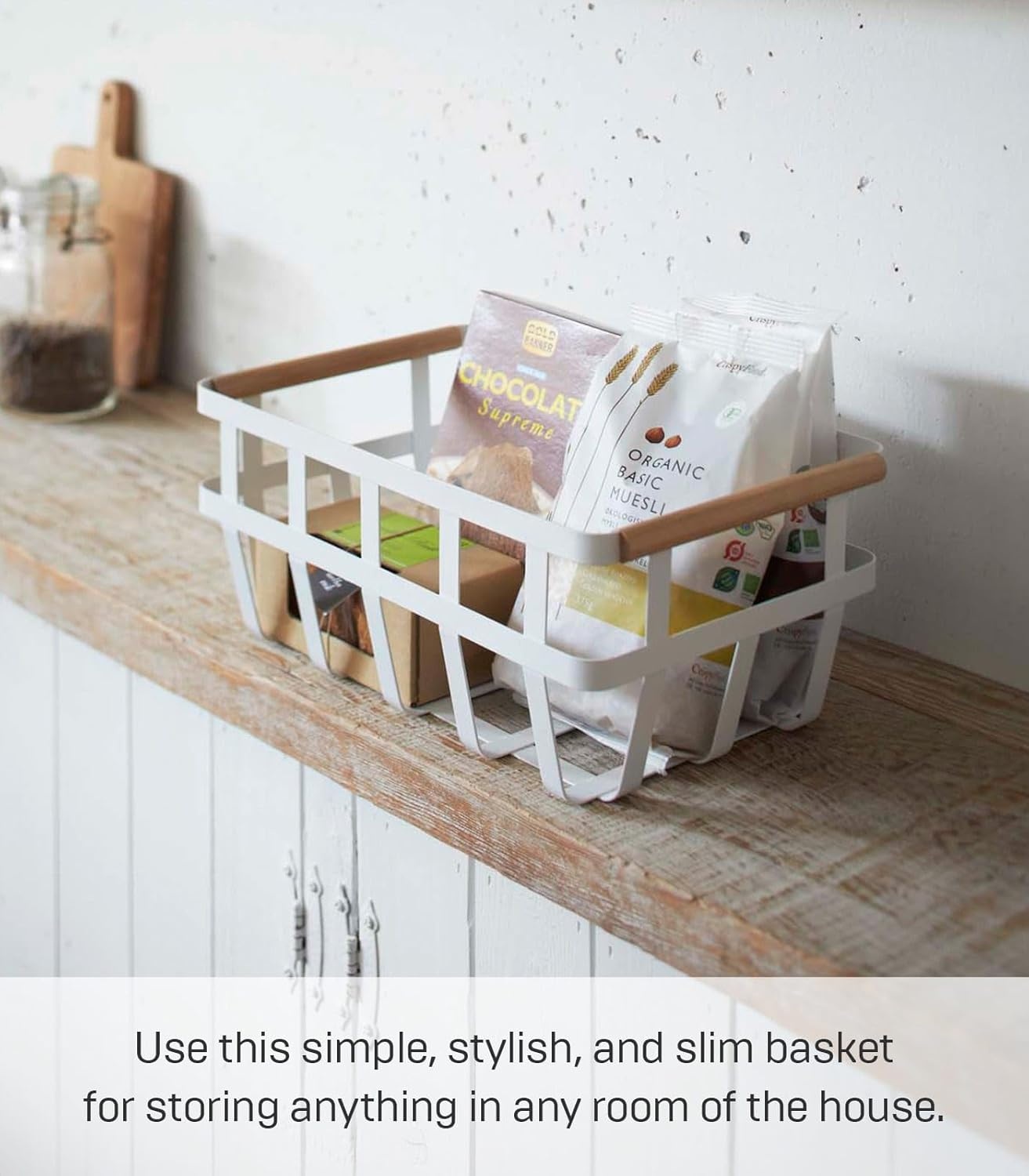 image:imageYamazaki Home Tosca Storage Basket Home Organizer Bin Holder With Wooden Handle Medium Steel Wood One Size