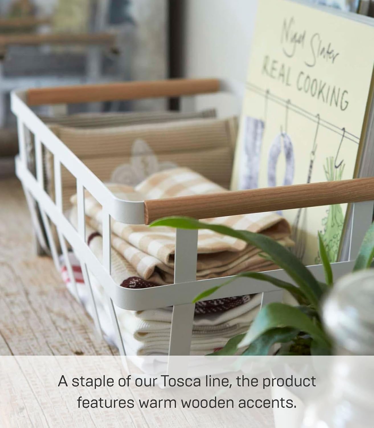 image:imageYamazaki Home Tosca Storage Basket Home Organizer Bin Holder With Wooden Handle Medium Steel Wood One Size