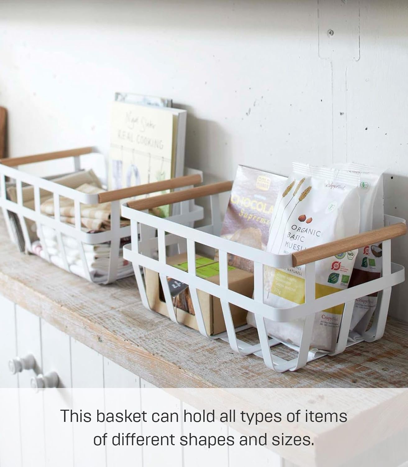 image:imageYamazaki Home Tosca Storage Basket Home Organizer Bin Holder With Wooden Handle Medium Steel Wood One Size