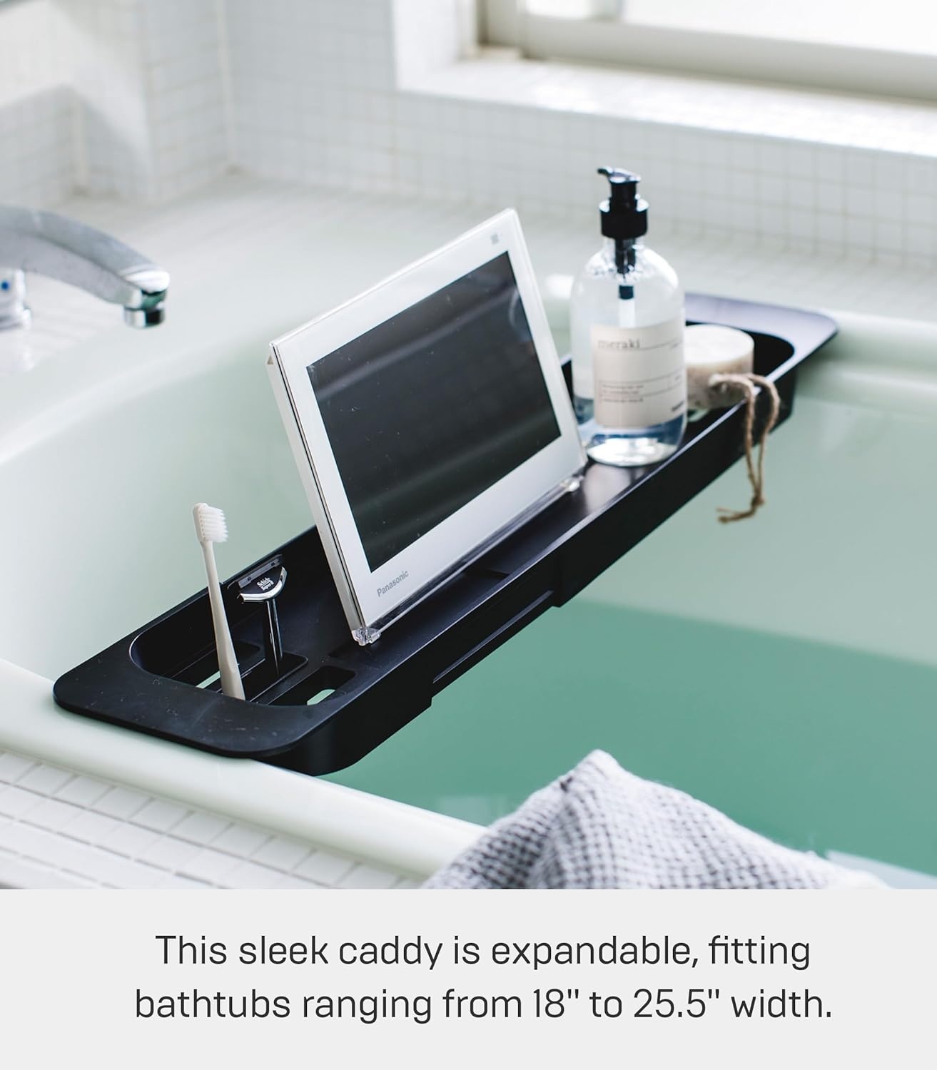 image:imageYamazaki Home Tower Expandable Bathtub Caddy Bathroom Tray Table Holder 2 Abs Plastic Black