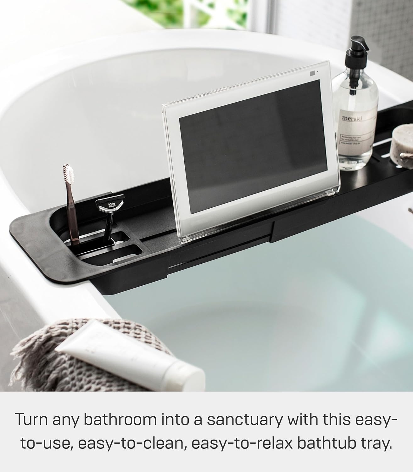 image:imageYamazaki Home Tower Expandable Bathtub Caddy Bathroom Tray Table Holder 2 Abs Plastic Black