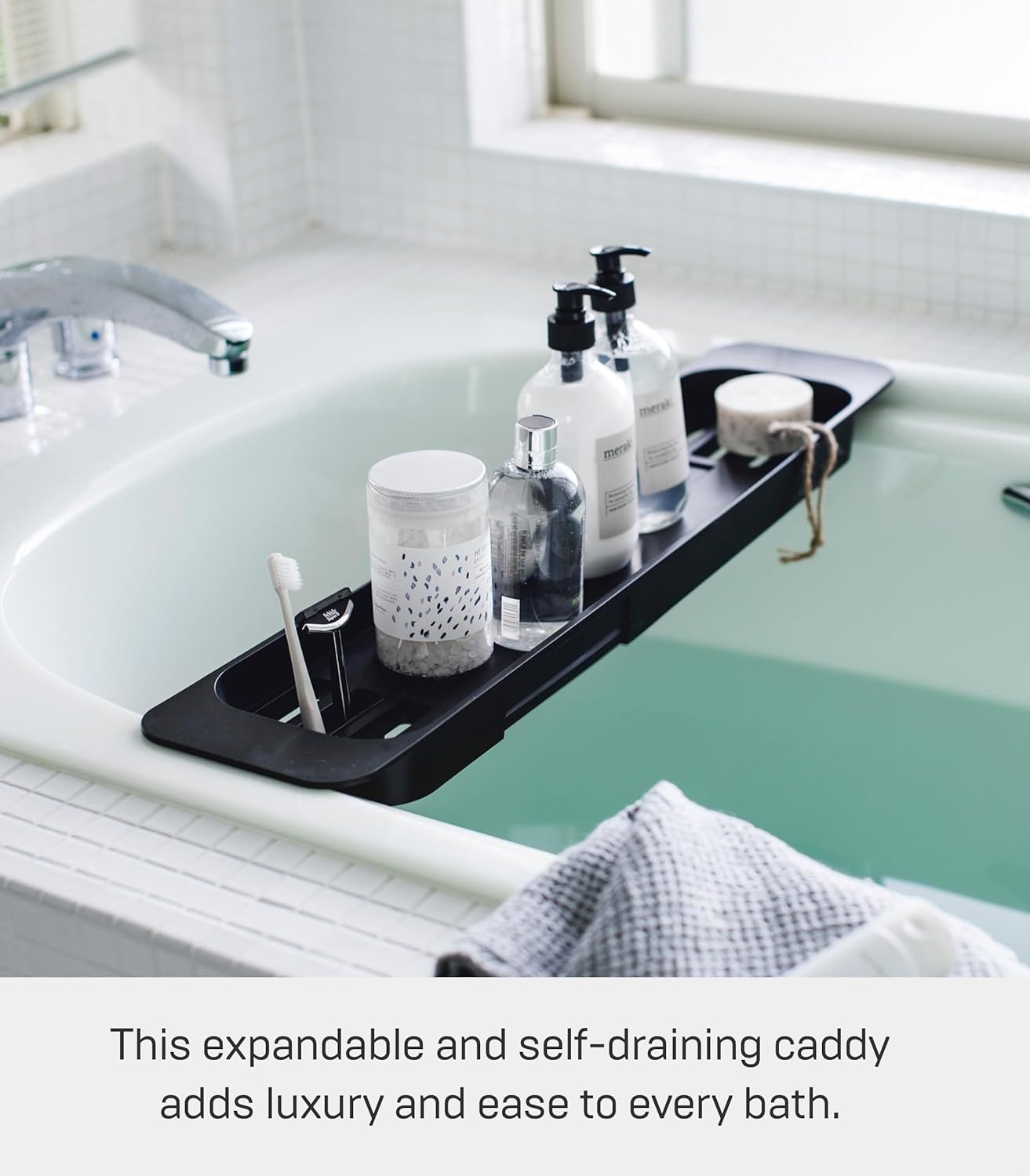 image:imageYamazaki Home Tower Expandable Bathtub Caddy Bathroom Tray Table Holder 2 Abs Plastic Black