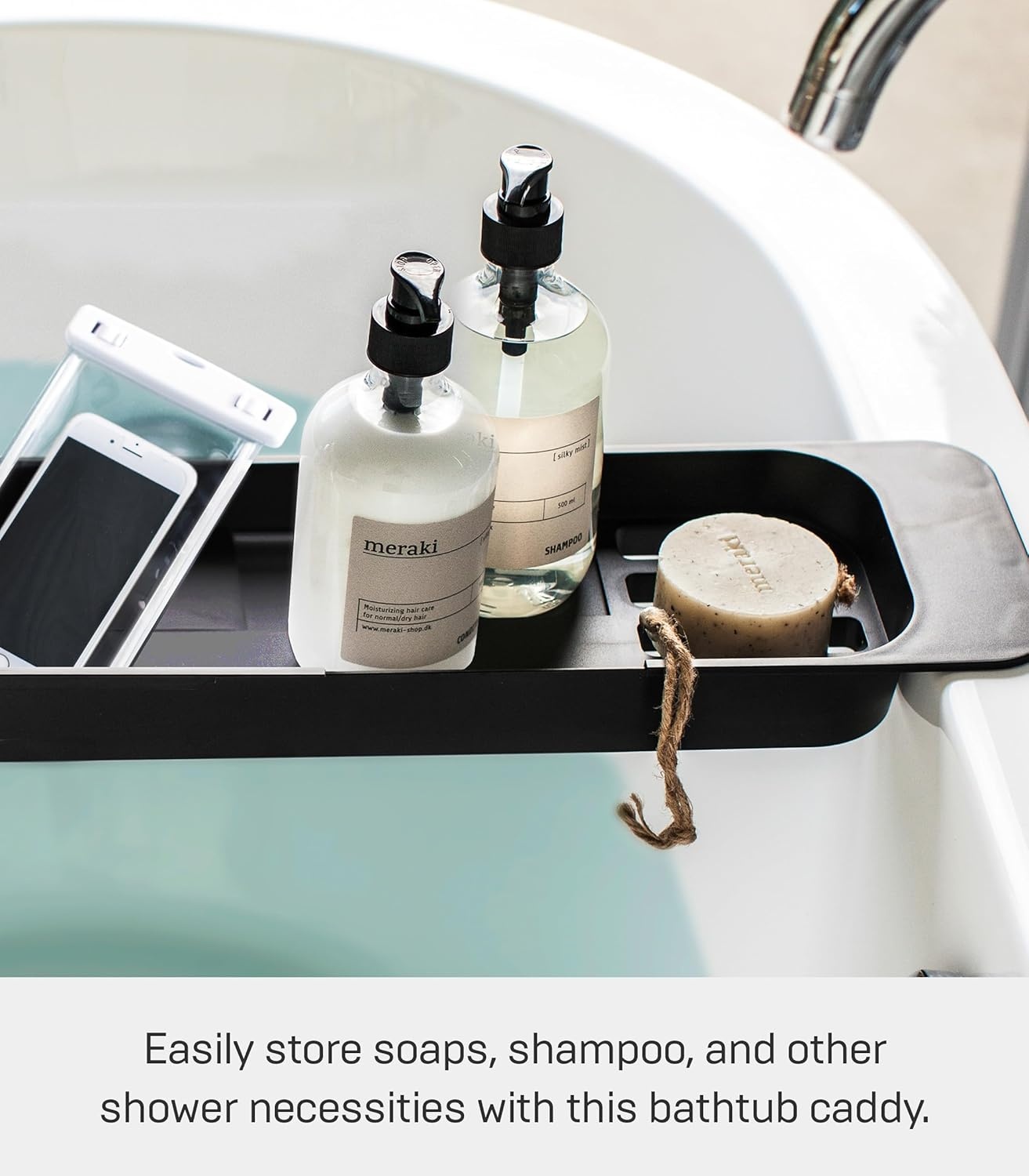 image:imageYamazaki Home Tower Expandable Bathtub Caddy Bathroom Tray Table Holder 2 Abs Plastic Black