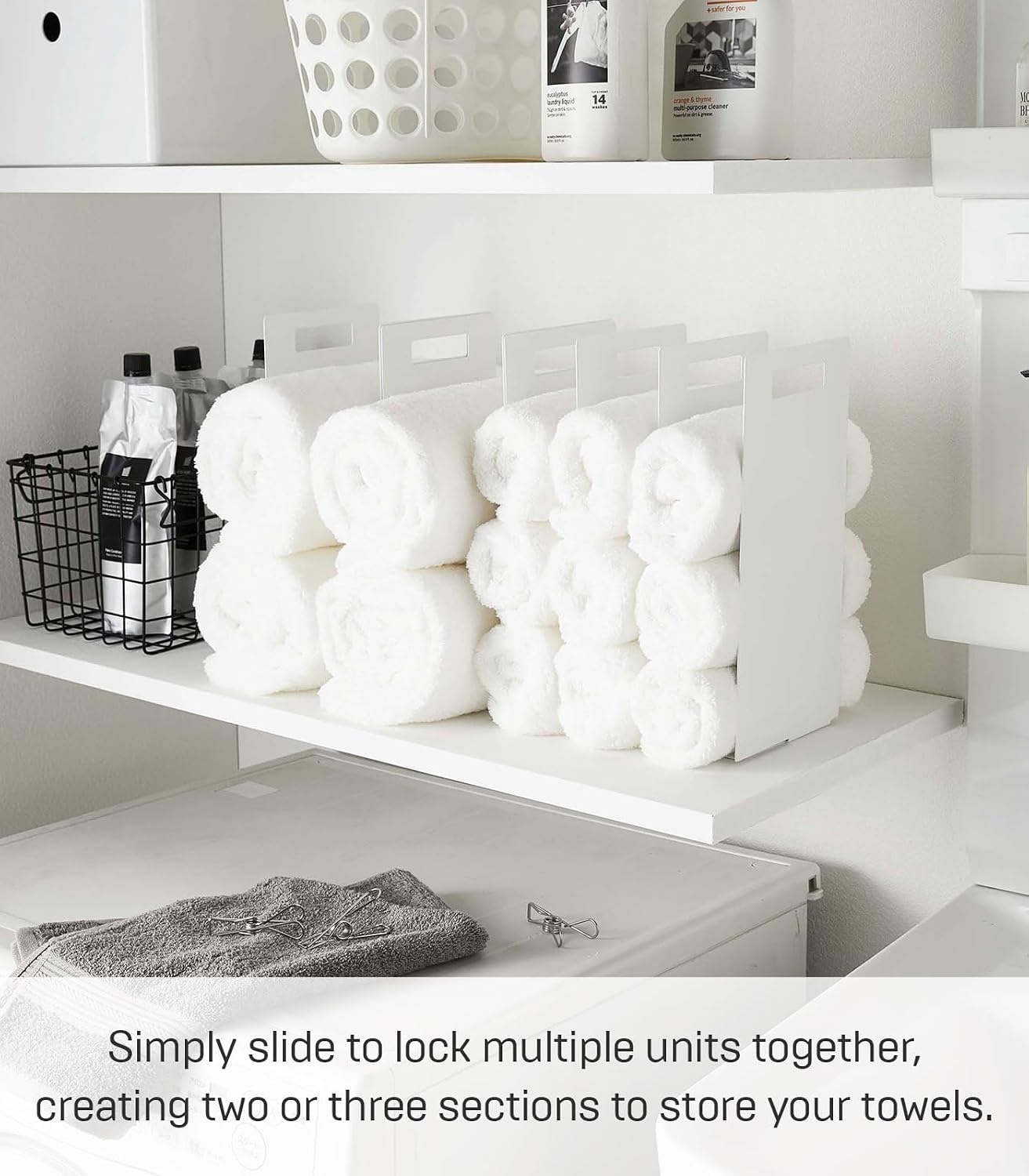 image:imageYamazaki Home Tower Interlocking Towel Organizer Bathroom Storage Shelf Rack SteelWhite