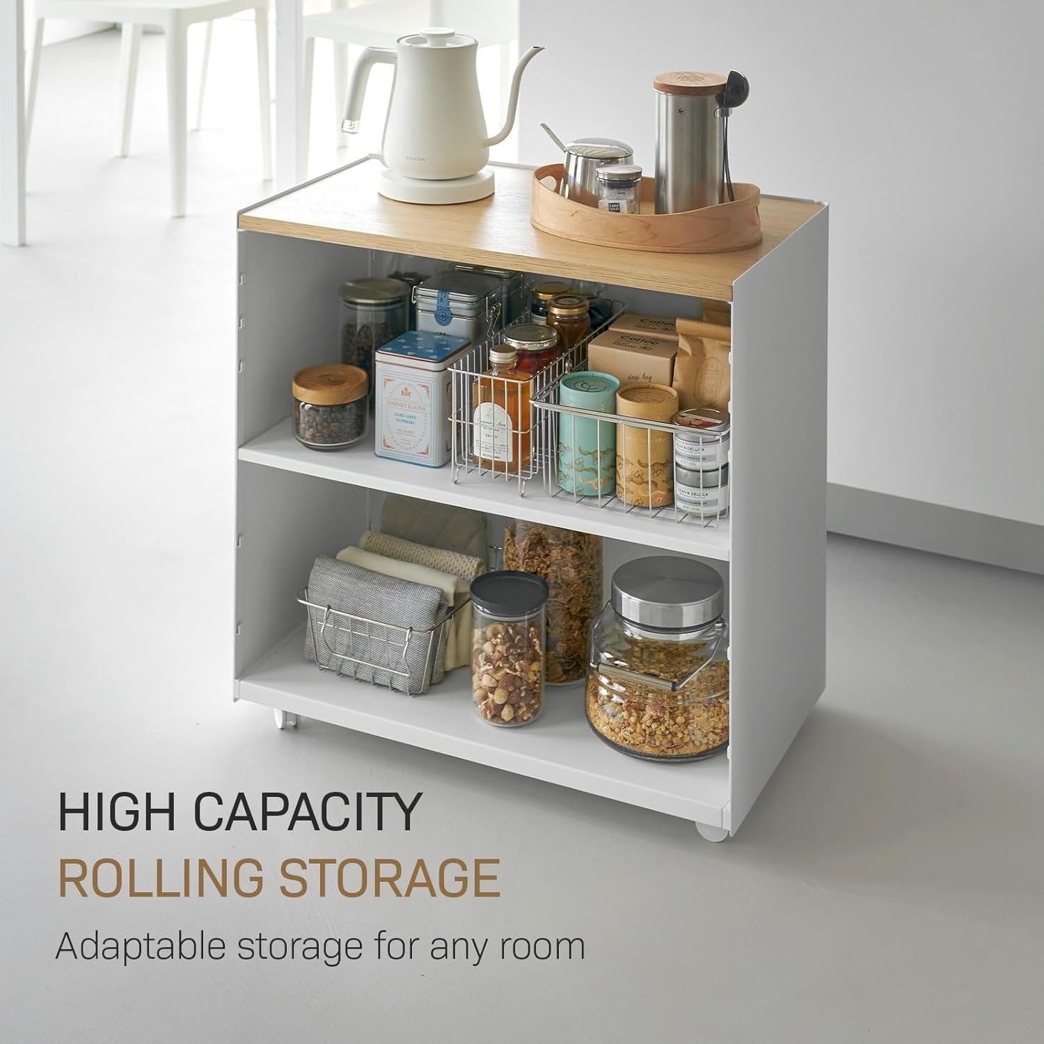 image:imageYamazaki Home Tower Mobile Hideaway Storage Cart Rolling Printer Stand with Adjustable Shelves Hidden Storage Rolling Cart with Wheels Mobile Office Organizer Utility Cart 23 Steel Wood White