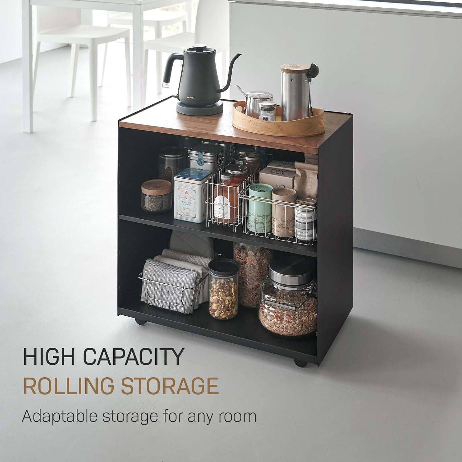 image:imageYamazaki Home Tower Mobile Hideaway Storage Cart Rolling Printer Stand with Adjustable Shelves Hidden Storage Rolling Cart with Wheels Mobile Office Organizer Utility Cart 23 Steel Wood Black