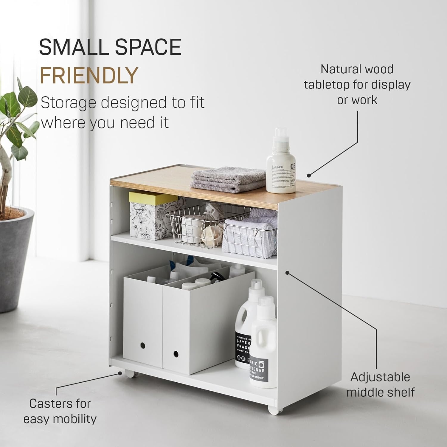 image:imageYamazaki Home Tower Mobile Hideaway Storage Cart Rolling Printer Stand with Adjustable Shelves Hidden Storage Rolling Cart with Wheels Mobile Office Organizer Utility Cart 23 Steel Wood White