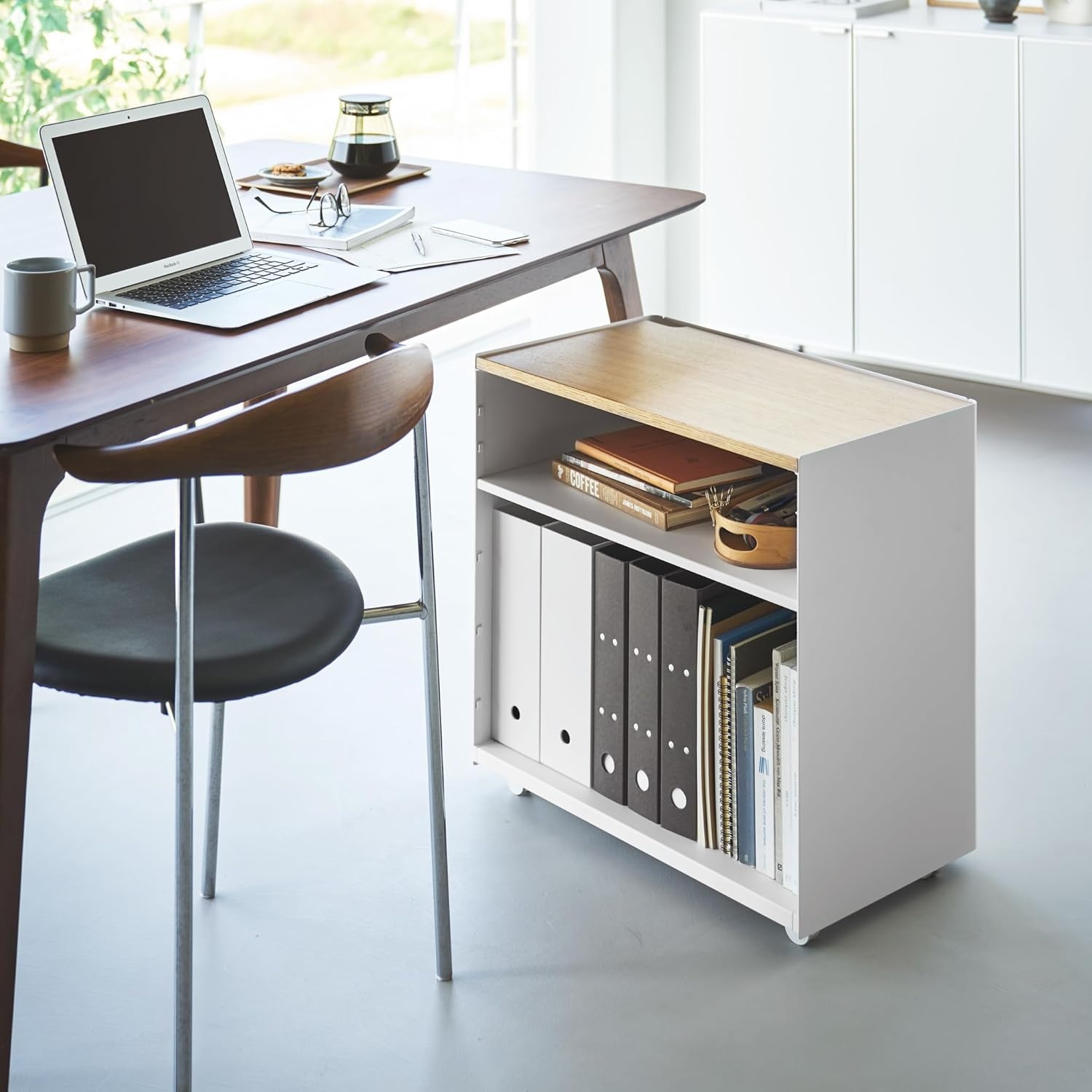 image:imageYamazaki Home Tower Mobile Hideaway Storage Cart Rolling Printer Stand with Adjustable Shelves Hidden Storage Rolling Cart with Wheels Mobile Office Organizer Utility Cart 23 Steel Wood White