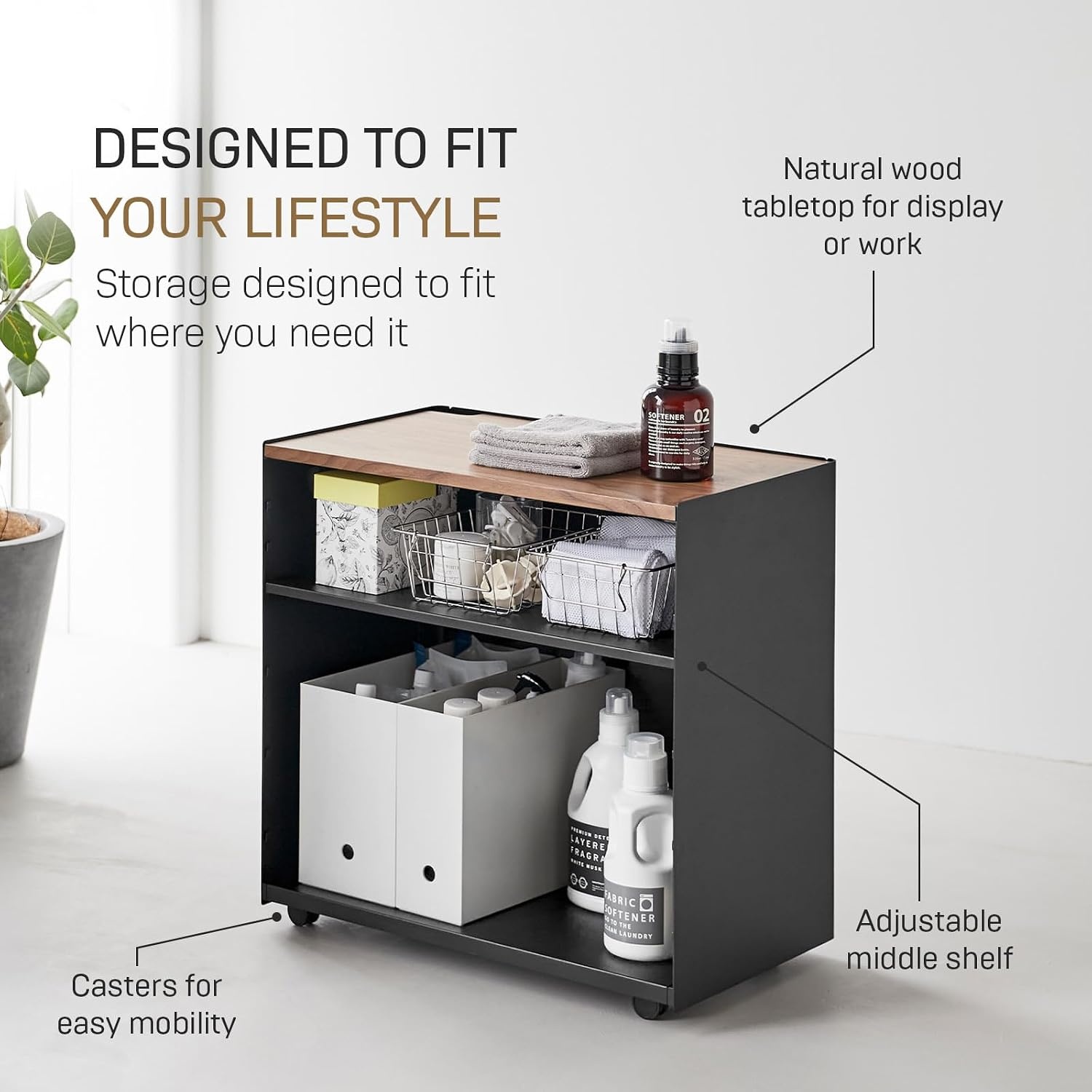 image:imageYamazaki Home Tower Mobile Hideaway Storage Cart Rolling Printer Stand with Adjustable Shelves Hidden Storage Rolling Cart with Wheels Mobile Office Organizer Utility Cart 23 Steel Wood Black