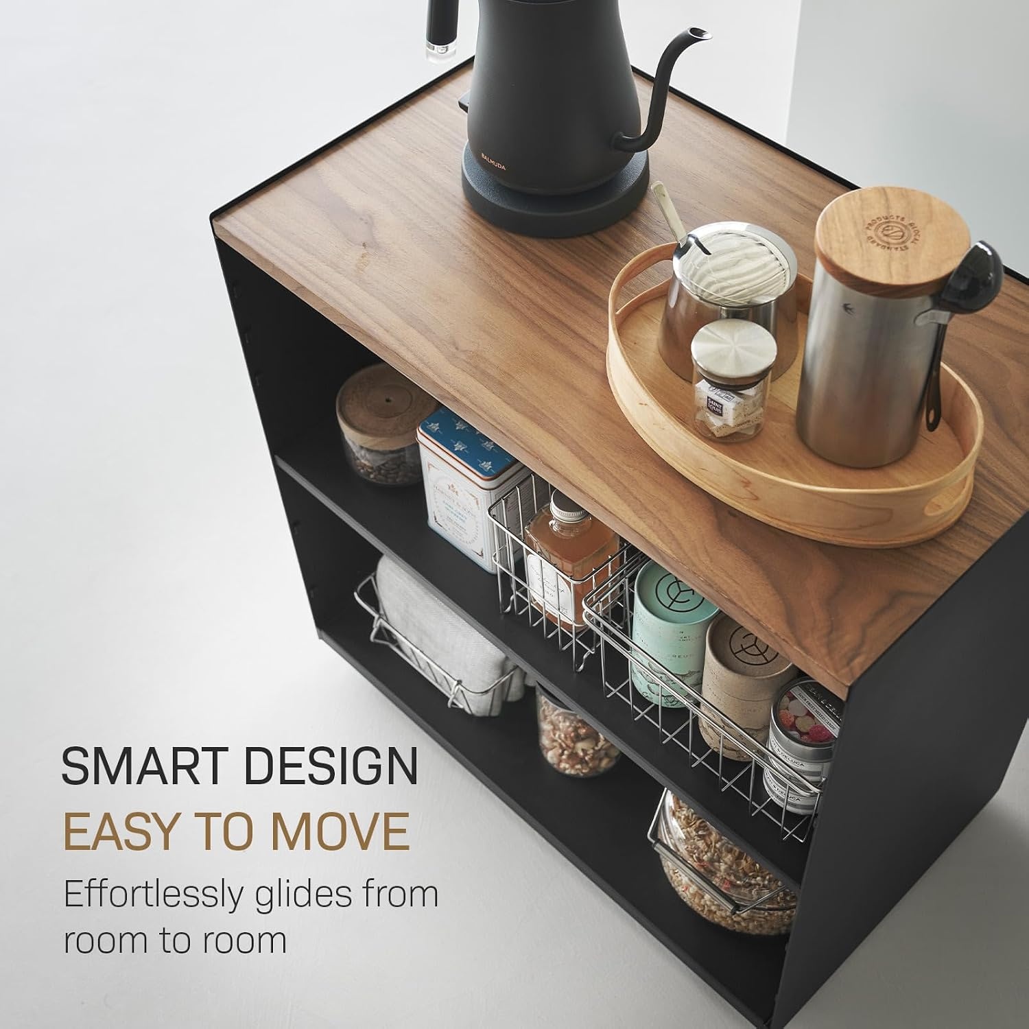 image:imageYamazaki Home Tower Mobile Hideaway Storage Cart Rolling Printer Stand with Adjustable Shelves Hidden Storage Rolling Cart with Wheels Mobile Office Organizer Utility Cart 23 Steel Wood Black