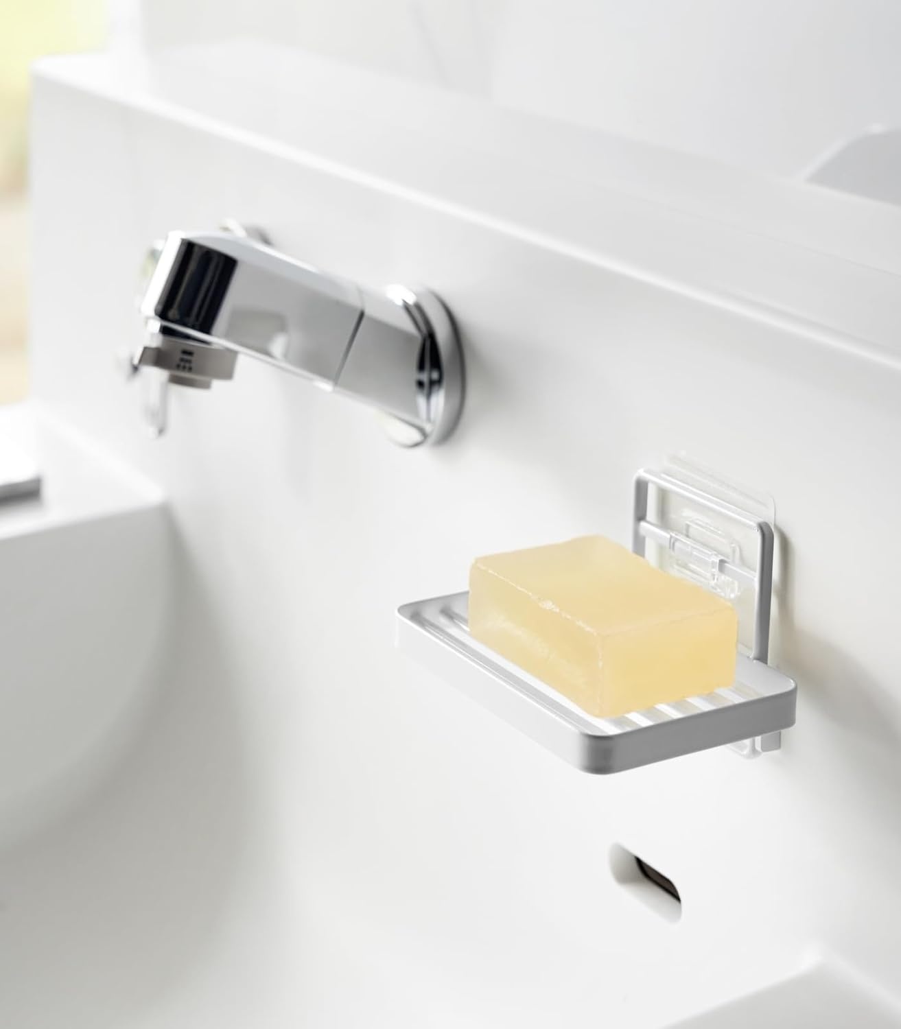image:imageYamazaki Home Tower Self Adhesive Hygienic Soap Tray Wall Sink Or Shower Mounted Bar Soap Dish SteelWhite