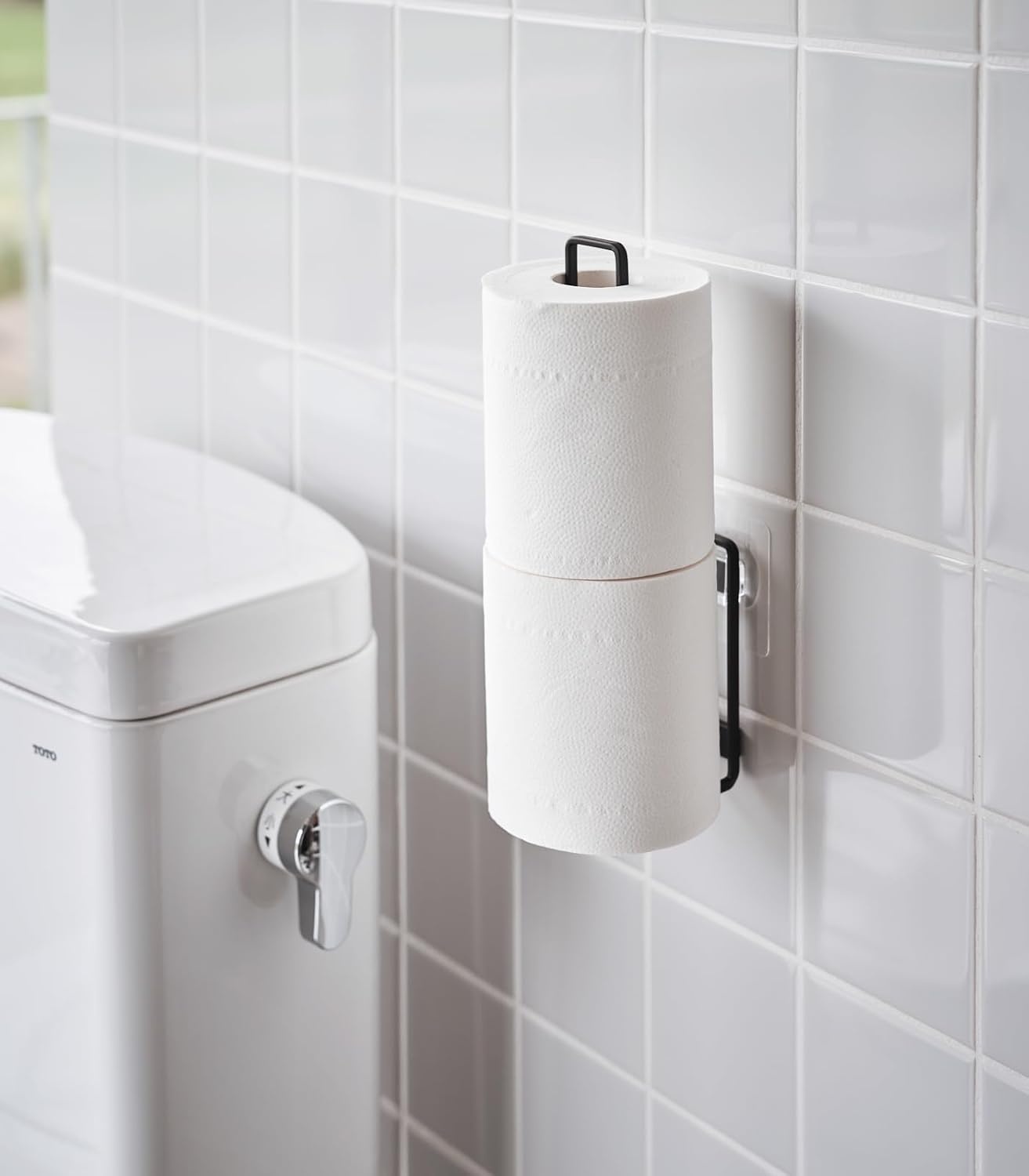image:imageYamazaki Home Tower Self Adhesive Toilet Paper Holder Organizer Wall Or Toilet Mountable Bathroom Storage SteelBlack