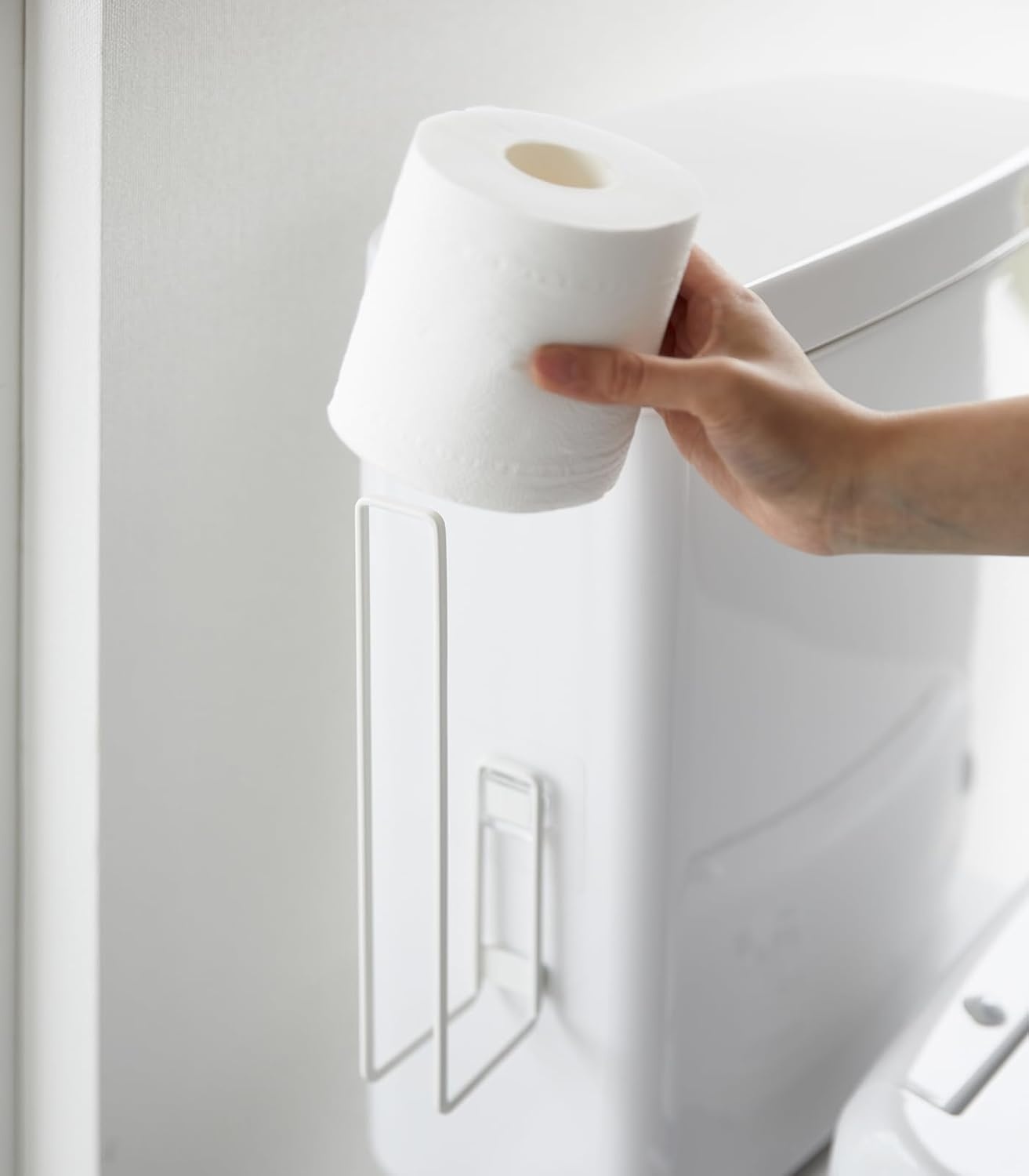 image:imageYamazaki Home Tower Self Adhesive Toilet Paper Holder Organizer Wall Or Toilet Mountable Bathroom Storage SteelWhite