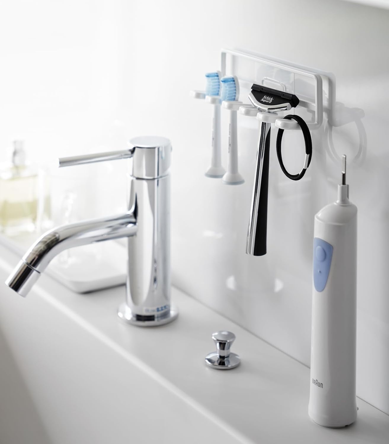 image:imageYamazaki Home Tower Self Adhesive Toothbrush Holder Caddy Wall Or Sink Mounted Electric Toothbrush Organizer SteelWhite