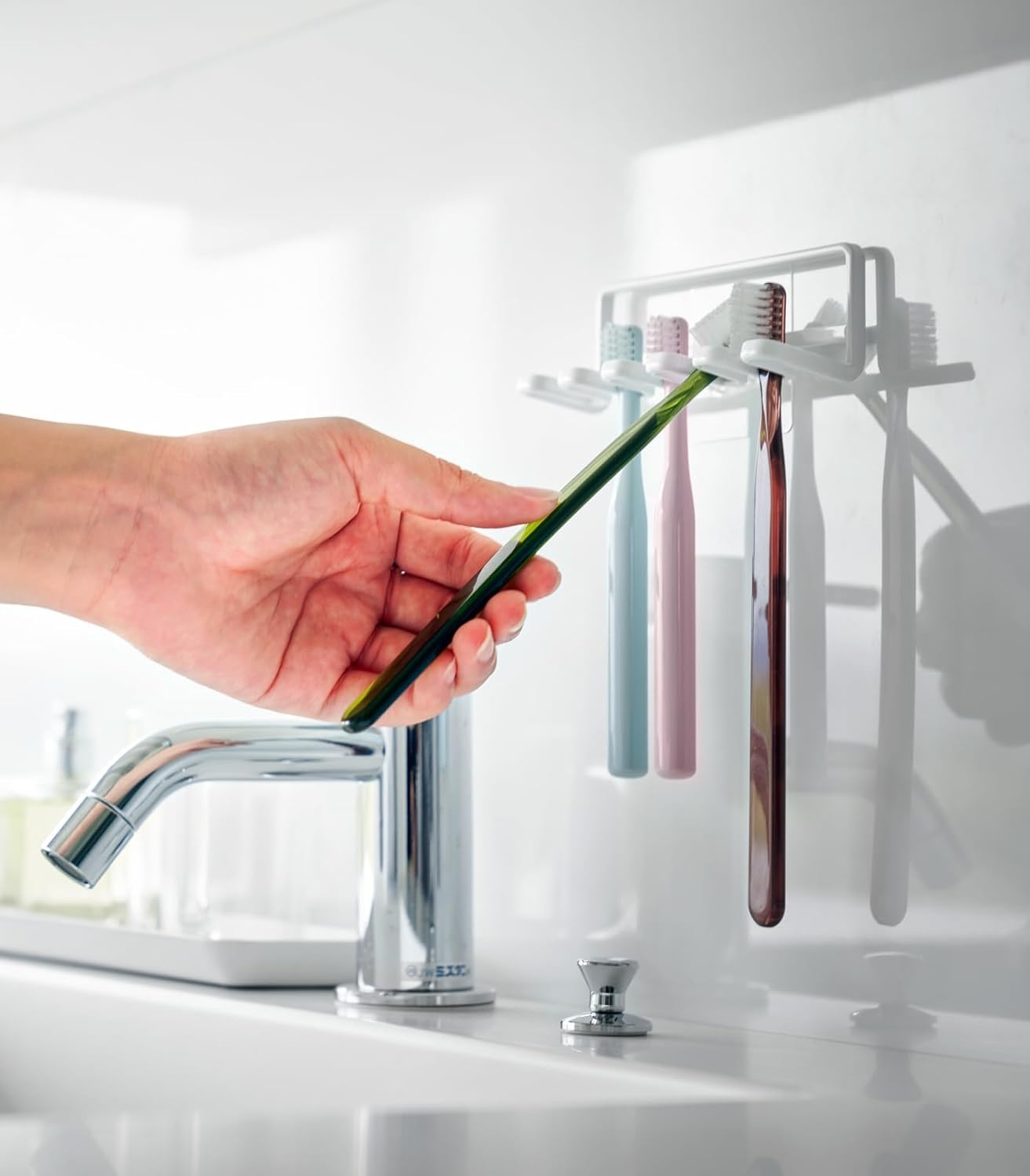 image:imageYamazaki Home Tower Self Adhesive Toothbrush Holder Caddy Wall Or Sink Mounted Electric Toothbrush Organizer SteelWhite