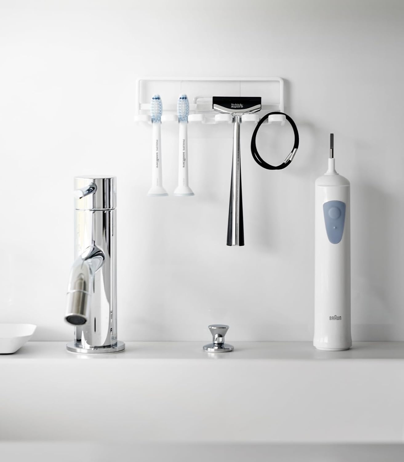 image:imageYamazaki Home Tower Self Adhesive Toothbrush Holder Caddy Wall Or Sink Mounted Electric Toothbrush Organizer SteelWhite