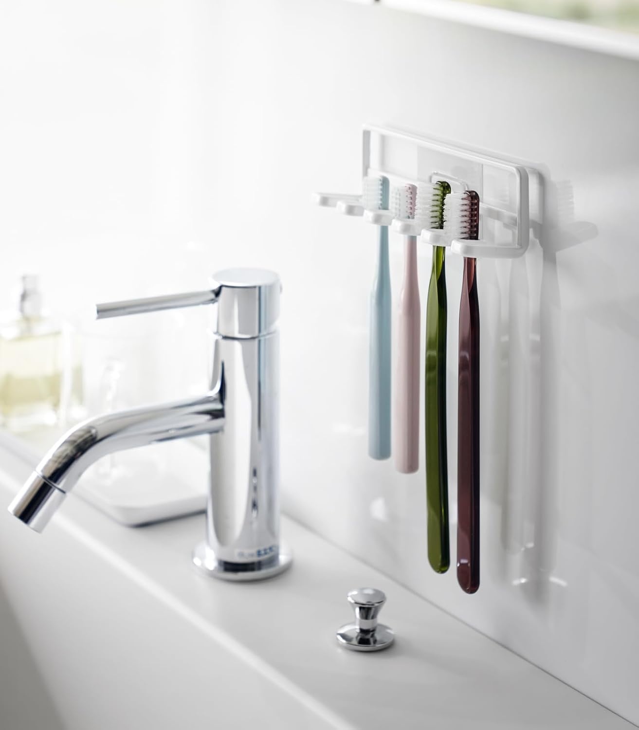 image:imageYamazaki Home Tower Self Adhesive Toothbrush Holder Caddy Wall Or Sink Mounted Electric Toothbrush Organizer SteelWhite