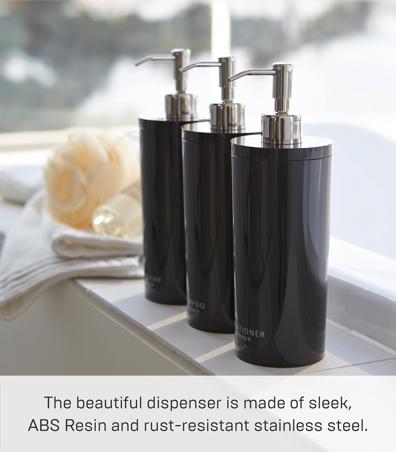 image:imageYamazaki Home Tower Shower Dispenser Contemporary Bottle Pump Conditioner Abs Plastic 169 Fluid Oz 500 MlBlack